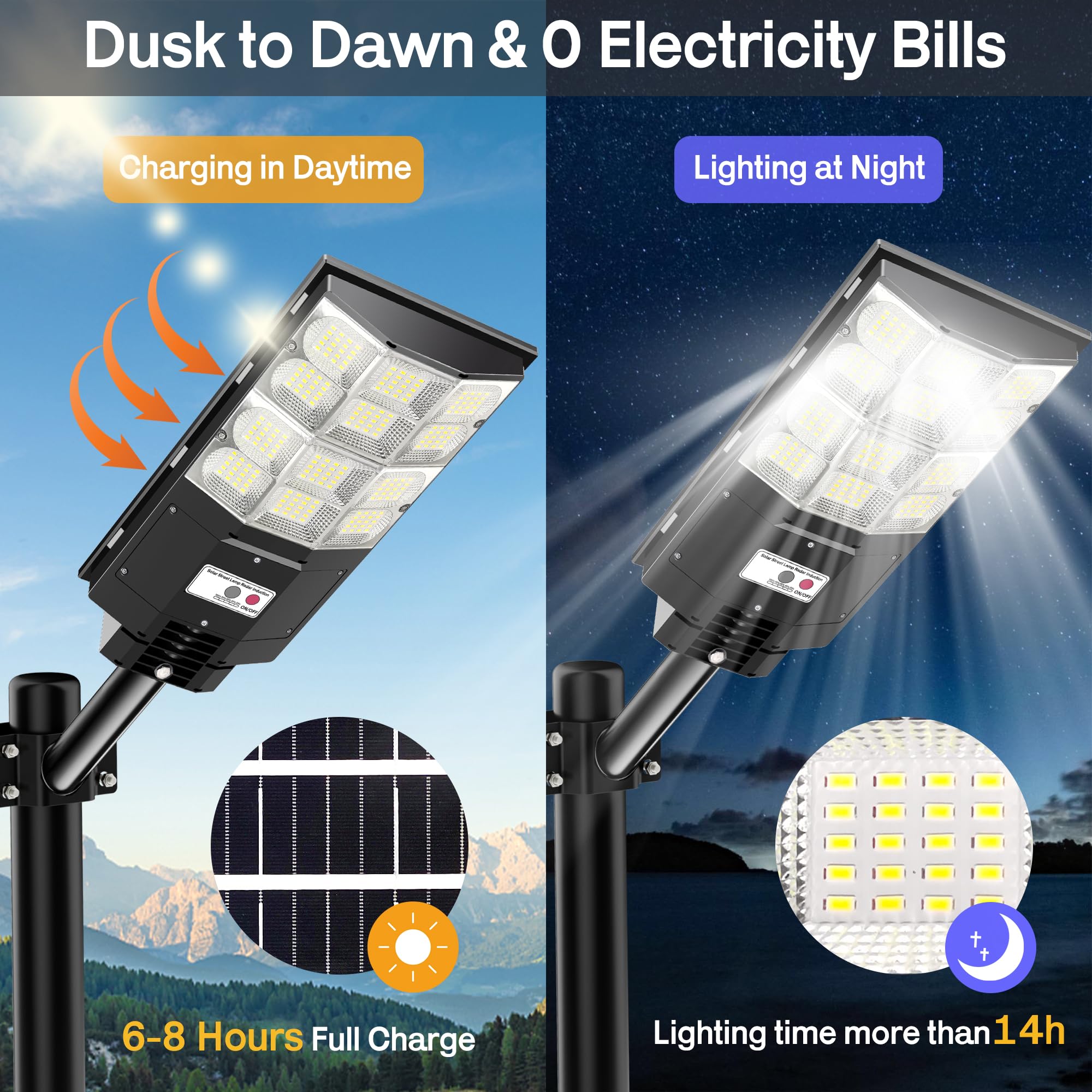 ZARKURE Solar Street Light, 6500K 7000W LED Flood Light, IP66 Waterproof, Motion Sensor, Remote Control, Model YT0004-S, Color YT0004