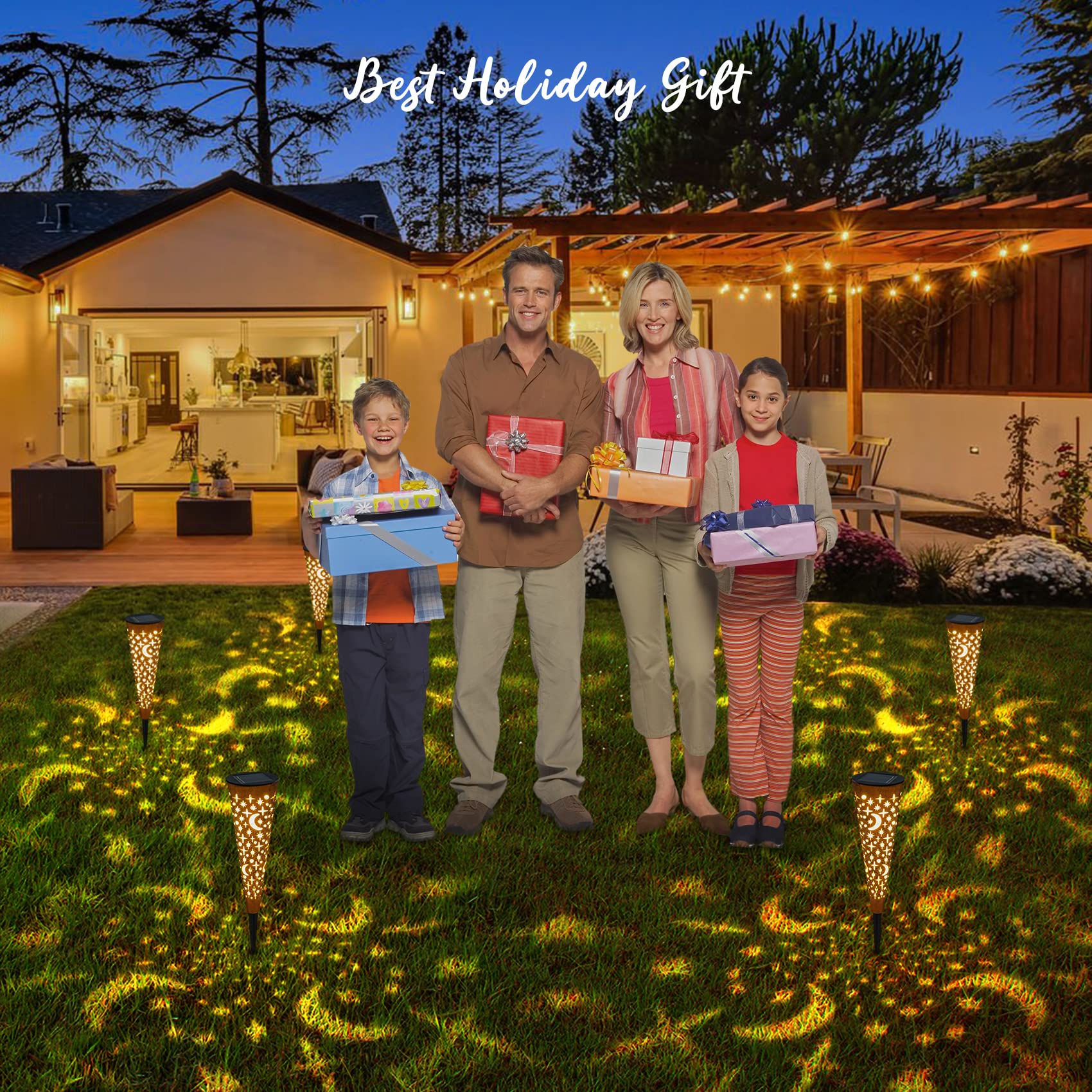 Go2Garden Solar Lights Outdoor Decorative Stake Lights Waterproof With Moon Star For Patio, Pathway, Backyard, Outside Decoratio