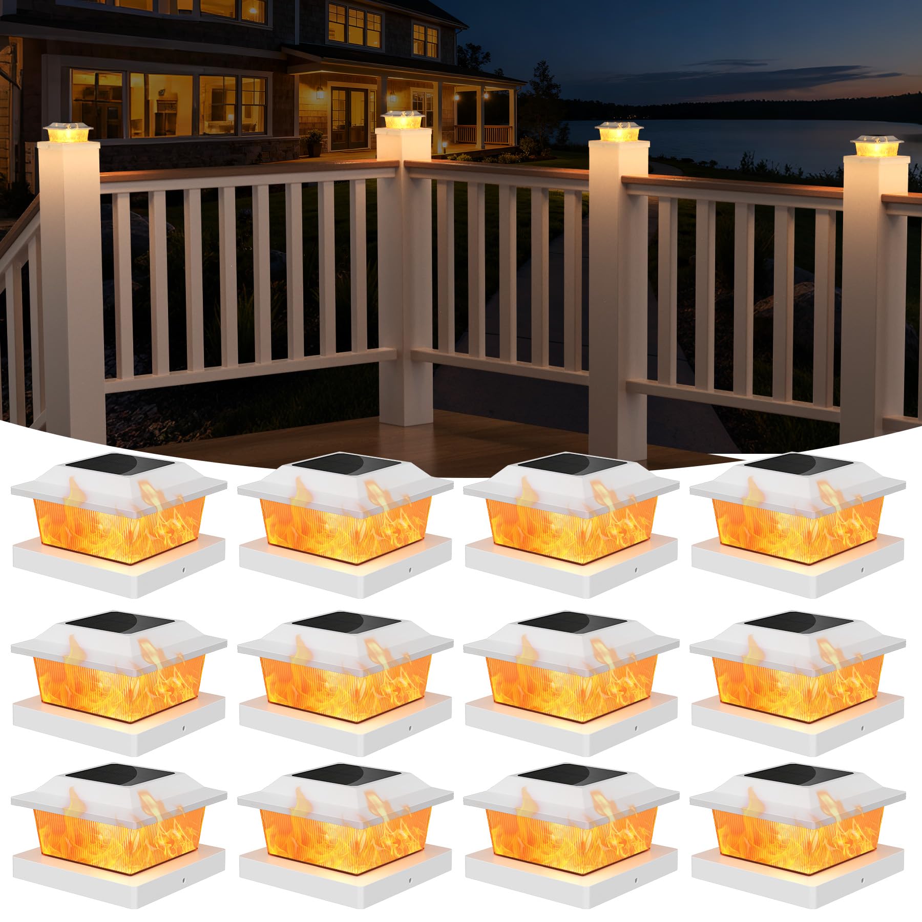Flyingod Solar Post Cap Lights, 12 Pack Outdoor Flickering Flame Light Fit for 3.5x3.5 4x4 5x5 Vinyl/Wooden Post, HIGT Brightnes