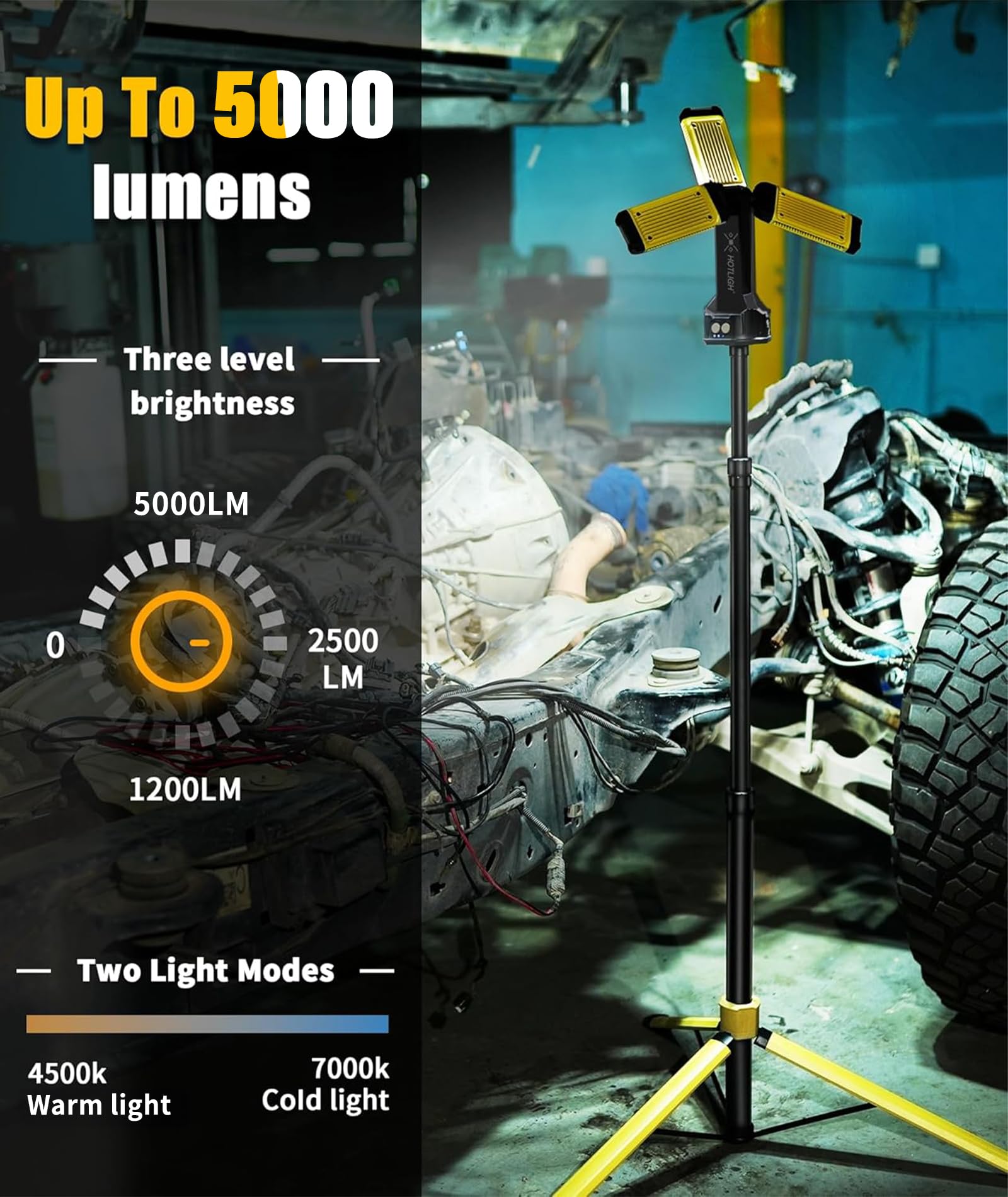 HOTLIGH Rechargeable Work Light - 5000 Lumens, 67in Tripod, 10000mAh Battery, Aluminum, Brown, Model zf6957-29