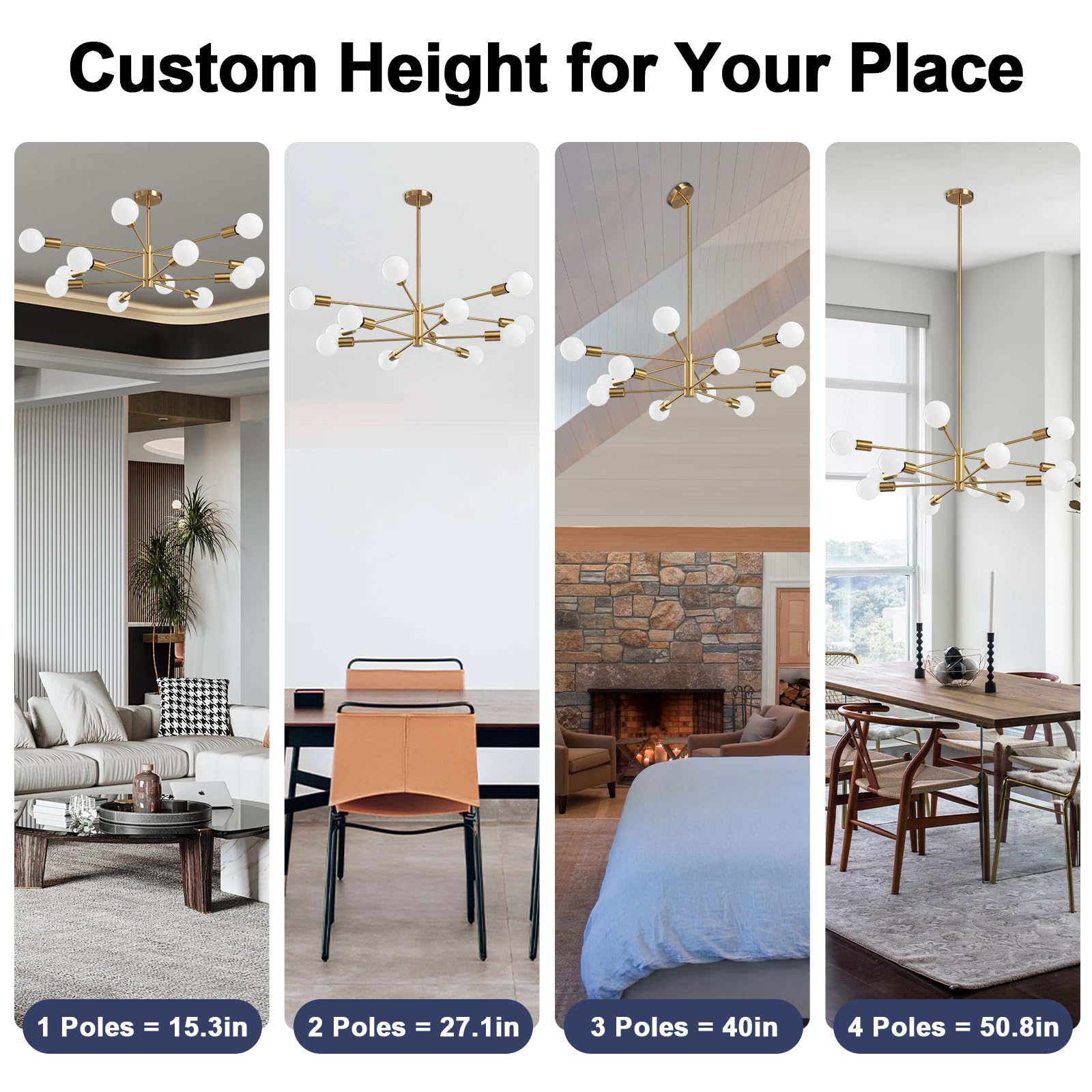 Ruiyey Modern Sputnik Chandeliers Light, 12-Light Gold Gold Dining Room Chandelier Over Table, Height Adjustable Industrial Semi