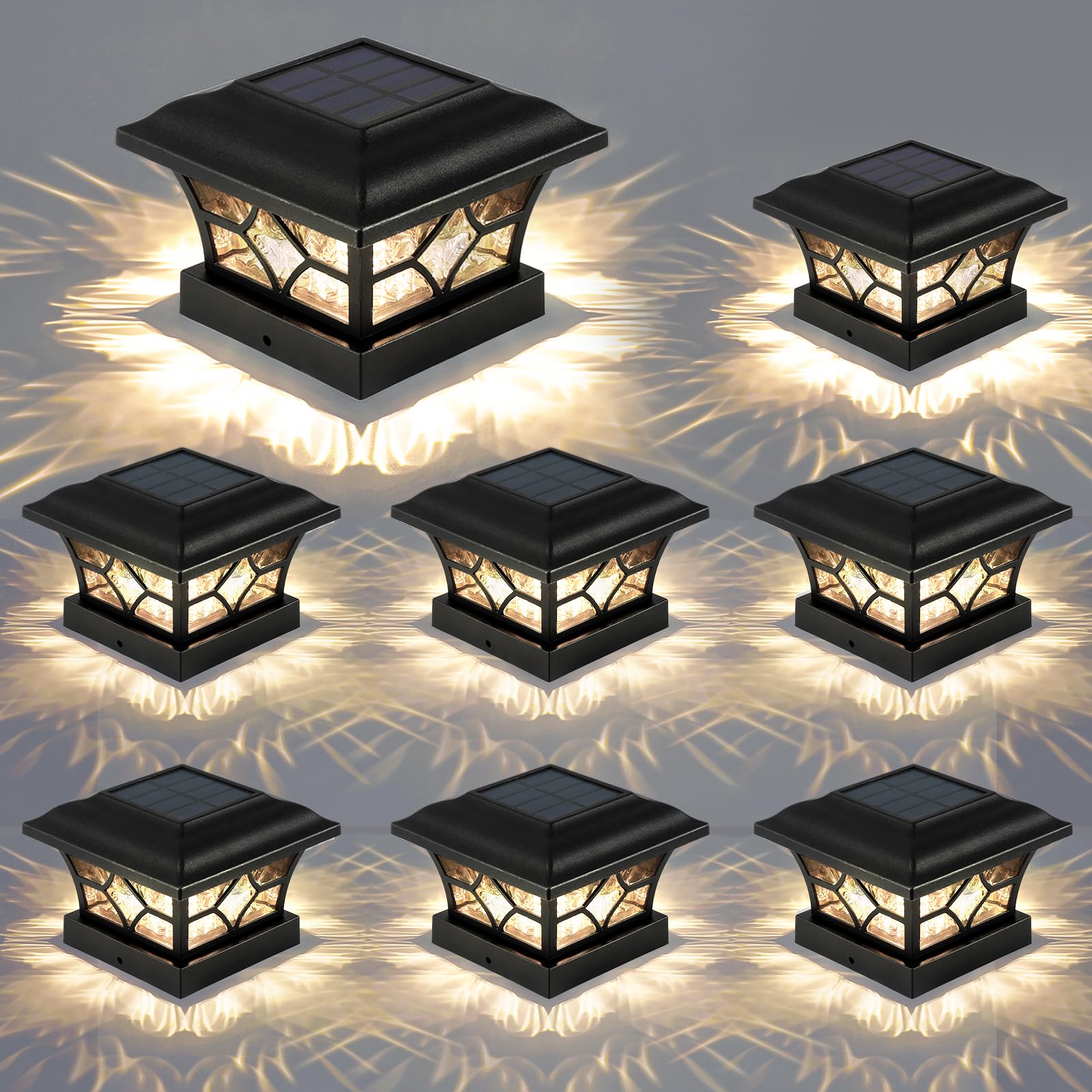 APONUO Solar Lighted Post Caps, 4x4 & 6x6, 2 Color Modes, Waterproof, Black, 8 Pack, Model M002-B8, Plastic