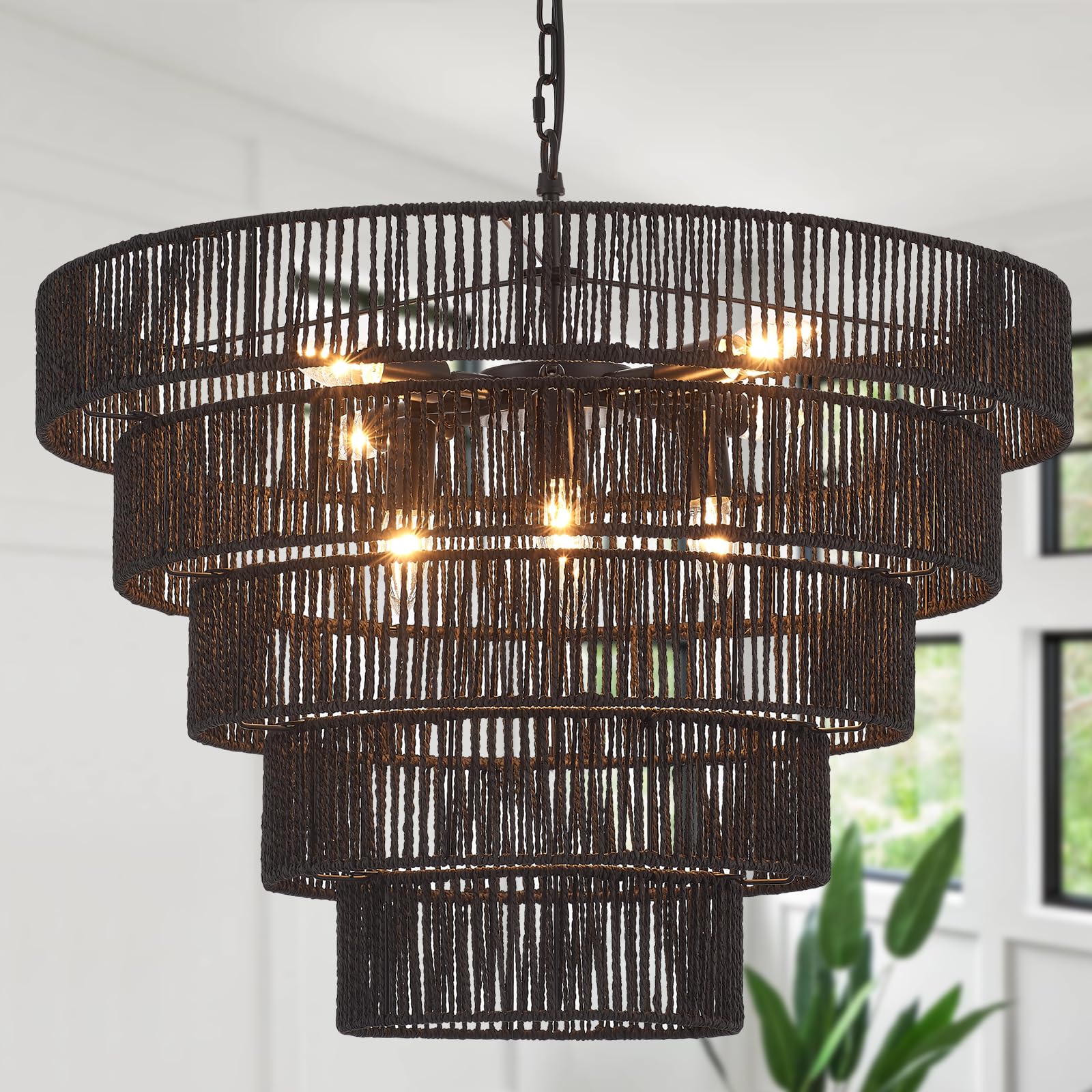Yomecoo 25.6'' Large Black Rattan Chandelier Farmhouse 8-Lights Boho Hand Woven Bamboo Black Chandeliers Light Fixture Rustic Dr