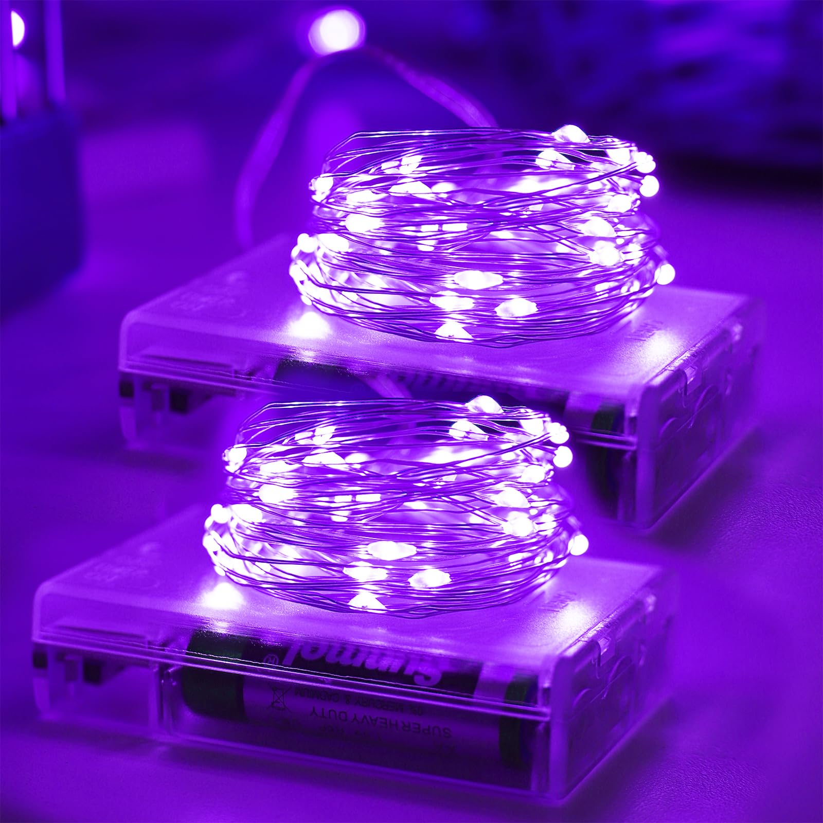 Halloween Christmas Decorations Purple Fairy String Lights Indoor, Battery Operated with Timer, 2Pack Total 33FT 100 Led Mini Ba
