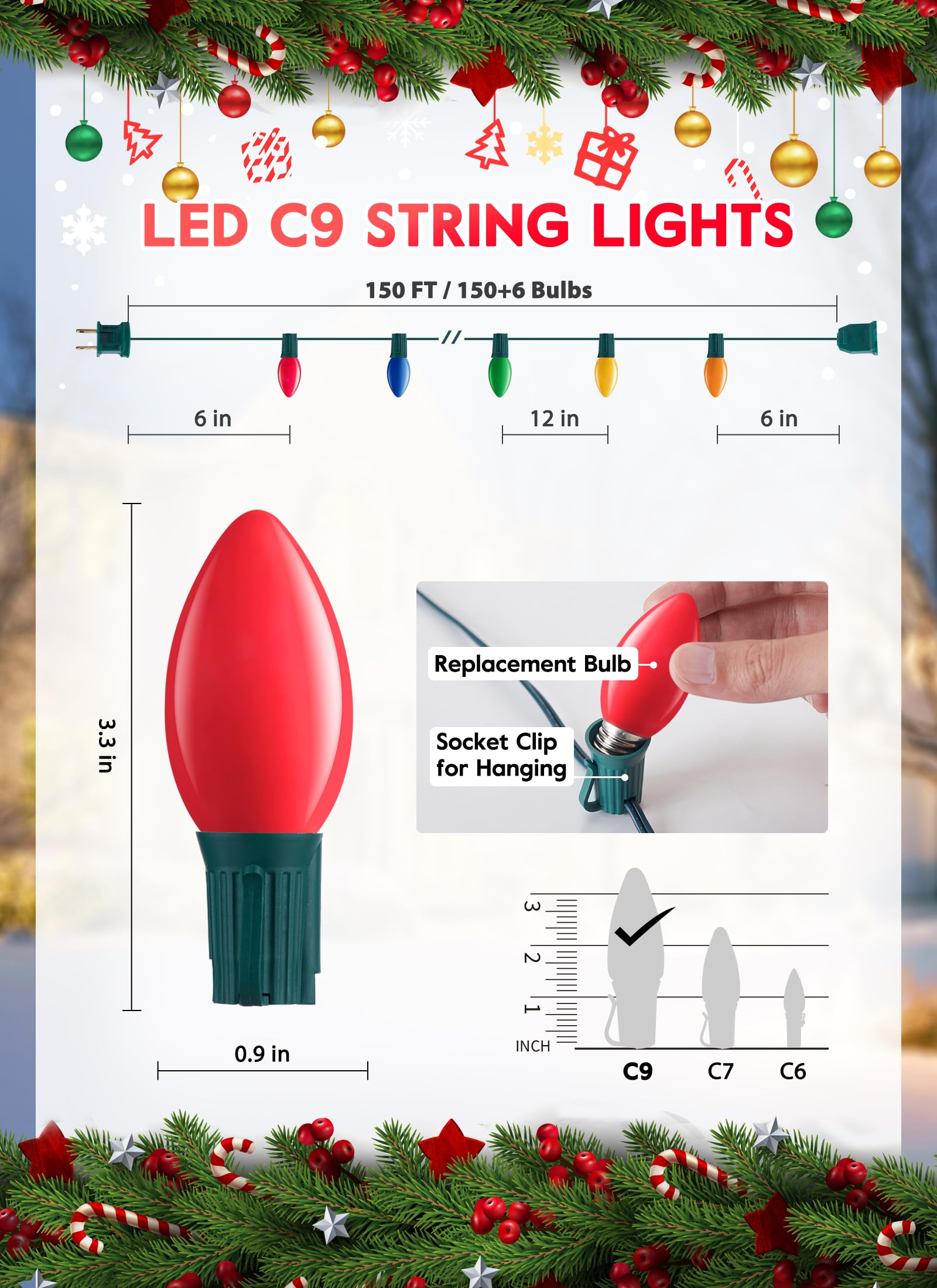 Minetom C9 LED Christmas Lights Outdoor, 150FT, Multicolor, Shatterproof Bulbs, Waterproof, Connectable for Holiday Decor