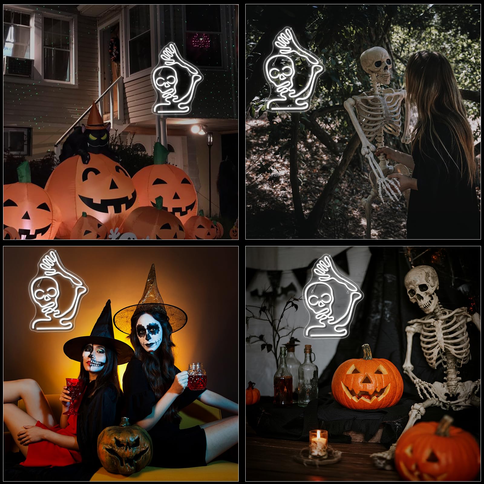 Looklight Skeleton Skull Neon Sign Halloween Decor Neon Signs For Wall Skeleton Halloween Led Lights For Bedroom Front Door Man Cave Bar Game Room Party Decoration Gifts Usb Powered Led Light 11.4X15.9In