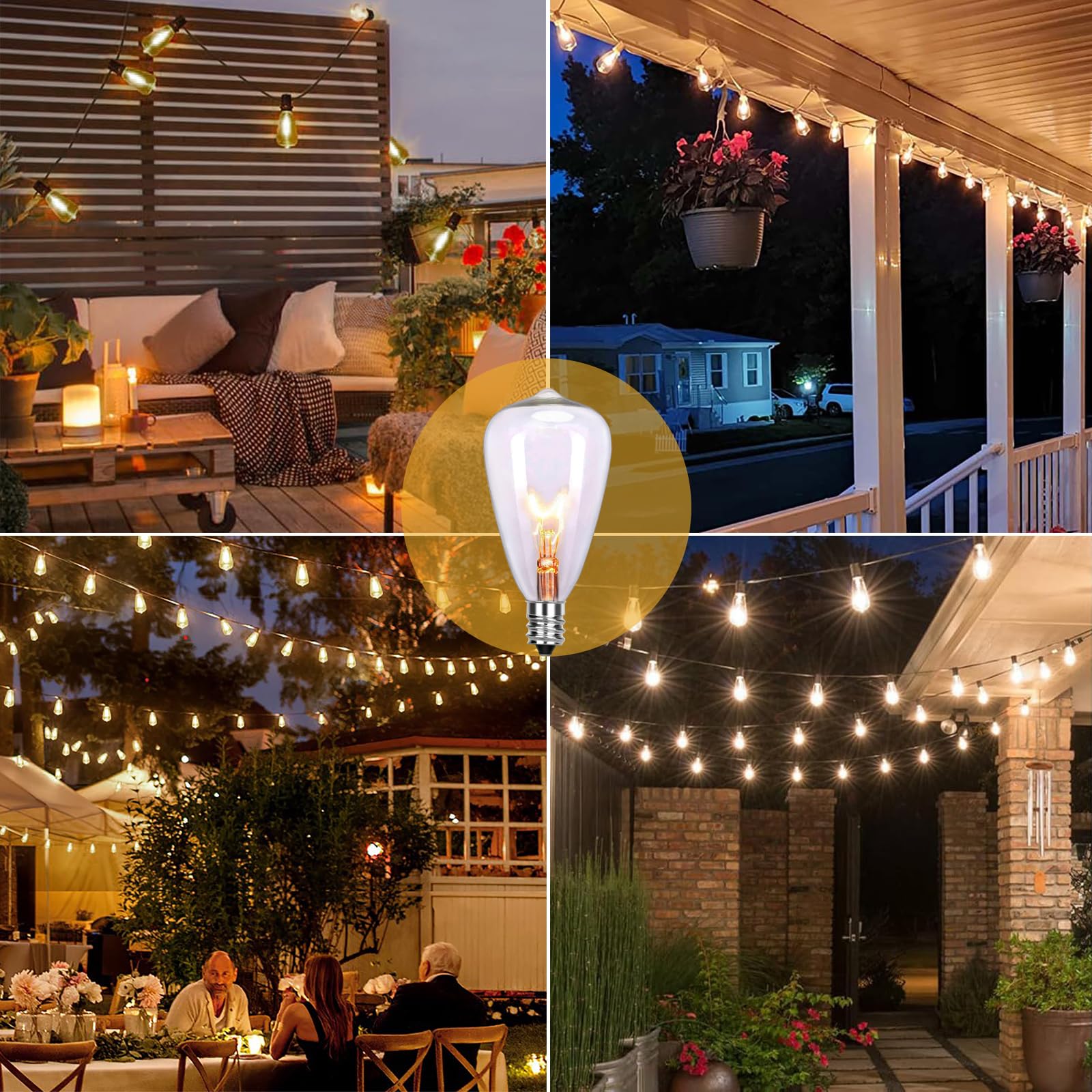 Jasneniebo 10-Pack Edison Replacement Bulbs, 7W E12/C7 ST38 Clear Glass for Outdoor String Lights