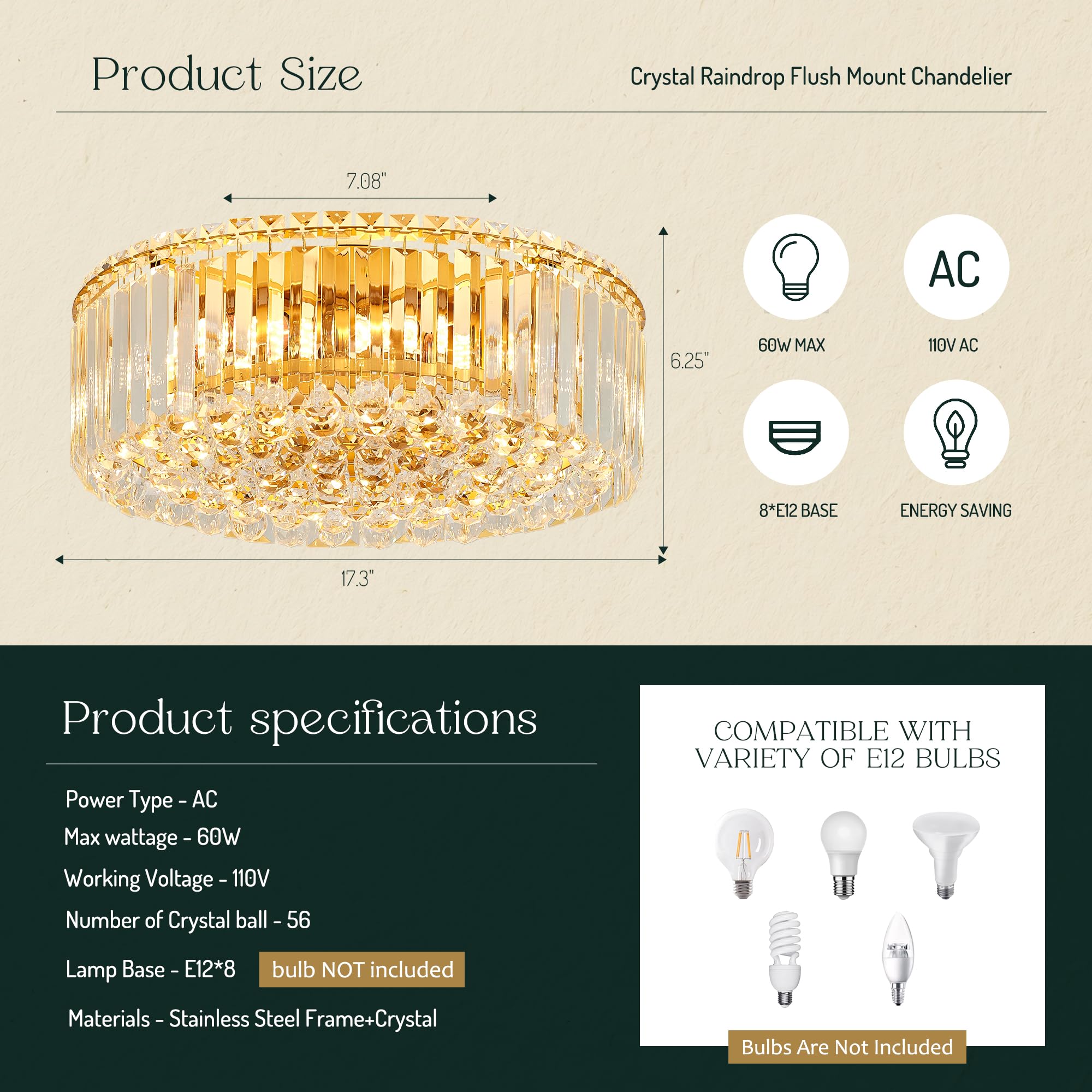 Faibra 17.3'' Gold K9 Crystal Raindrop Flush Mount Ceiling Light, Modern Chandelier, Round Luxury Light Fixture For Dining Room,