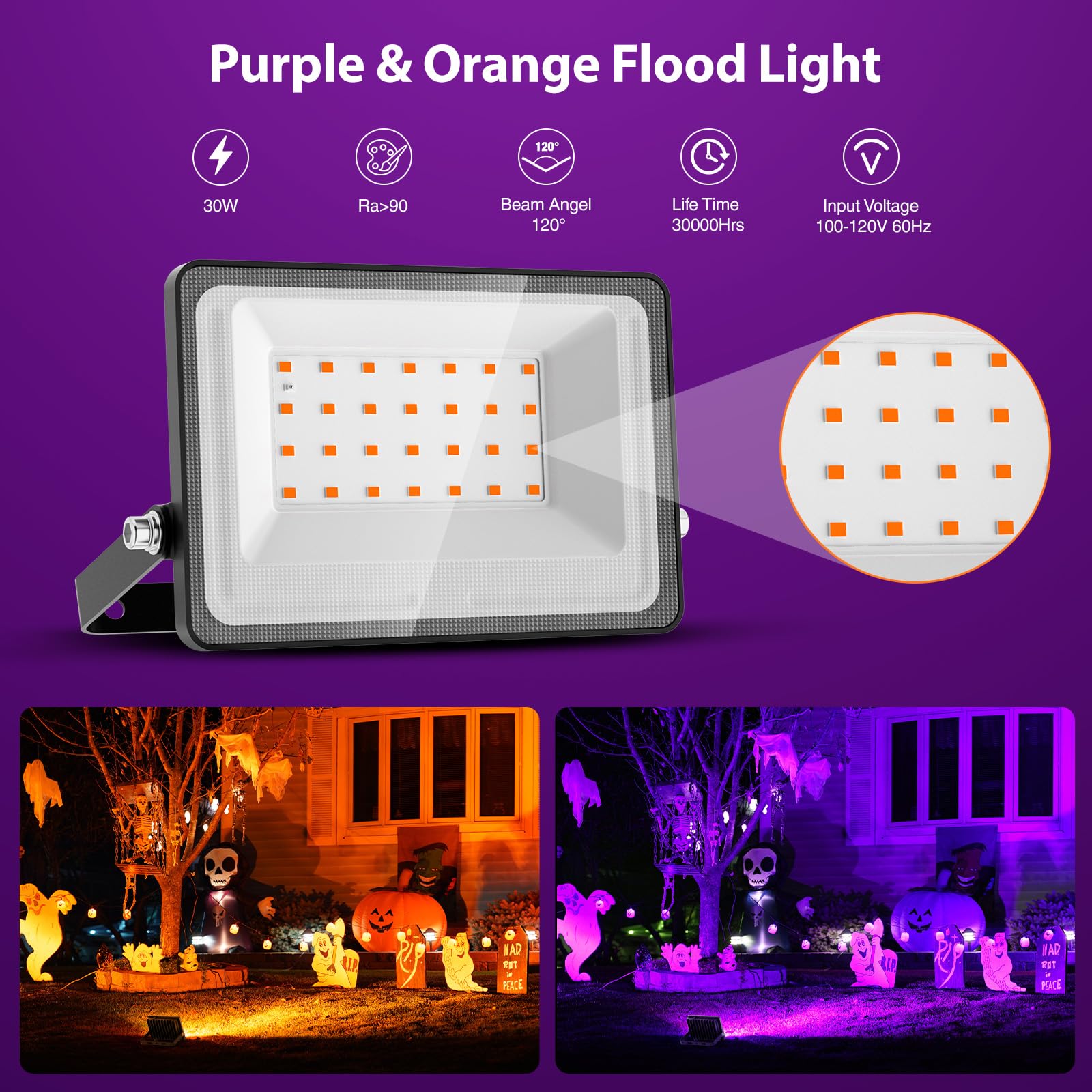 Onforu Orange and Purple Halloween Lights, 30W Dusk to Dawn Floodlight 2 Pack LED Flood Light Outdoor Decoration, Auto ON/Off Pl