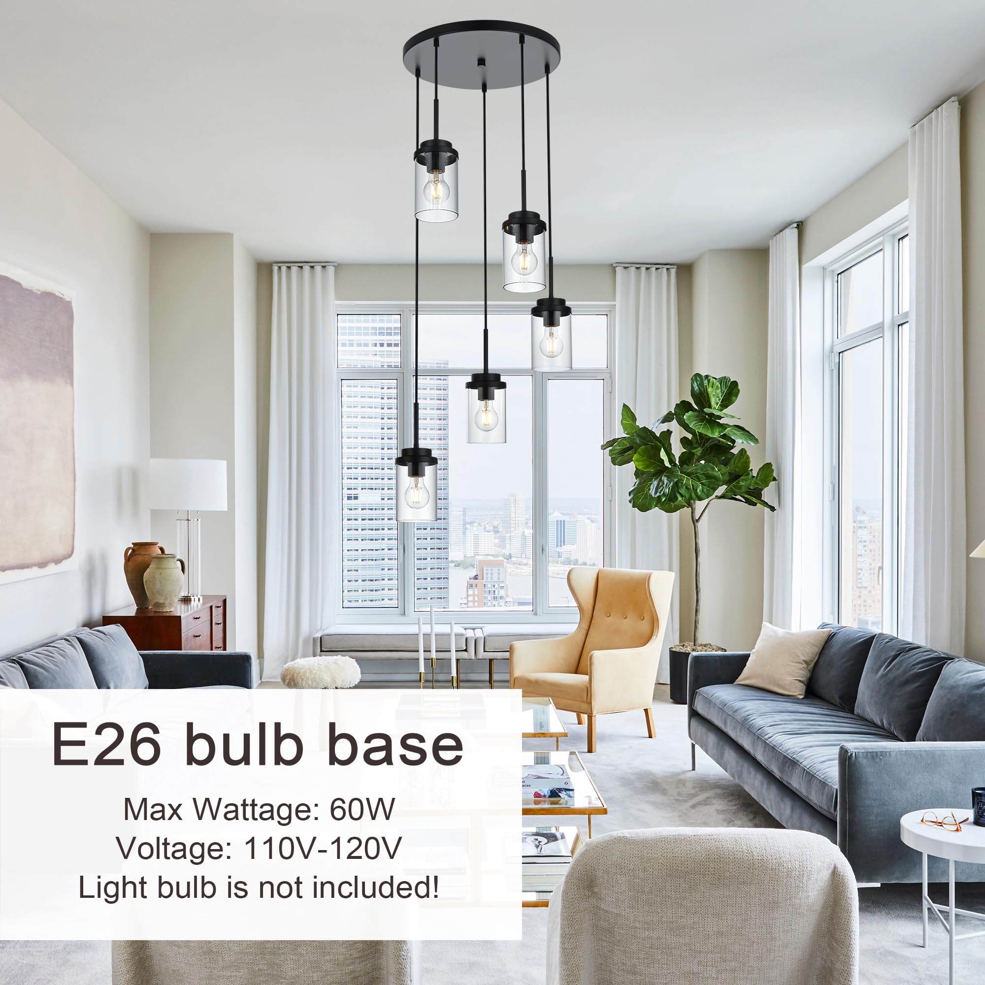 MELUCEE 5-Light Pendant Light Fixture, Black Metal with Clear Glass Shade, Modern Chandelier for Kitchen Island, Model 4-4501-5RD-BL