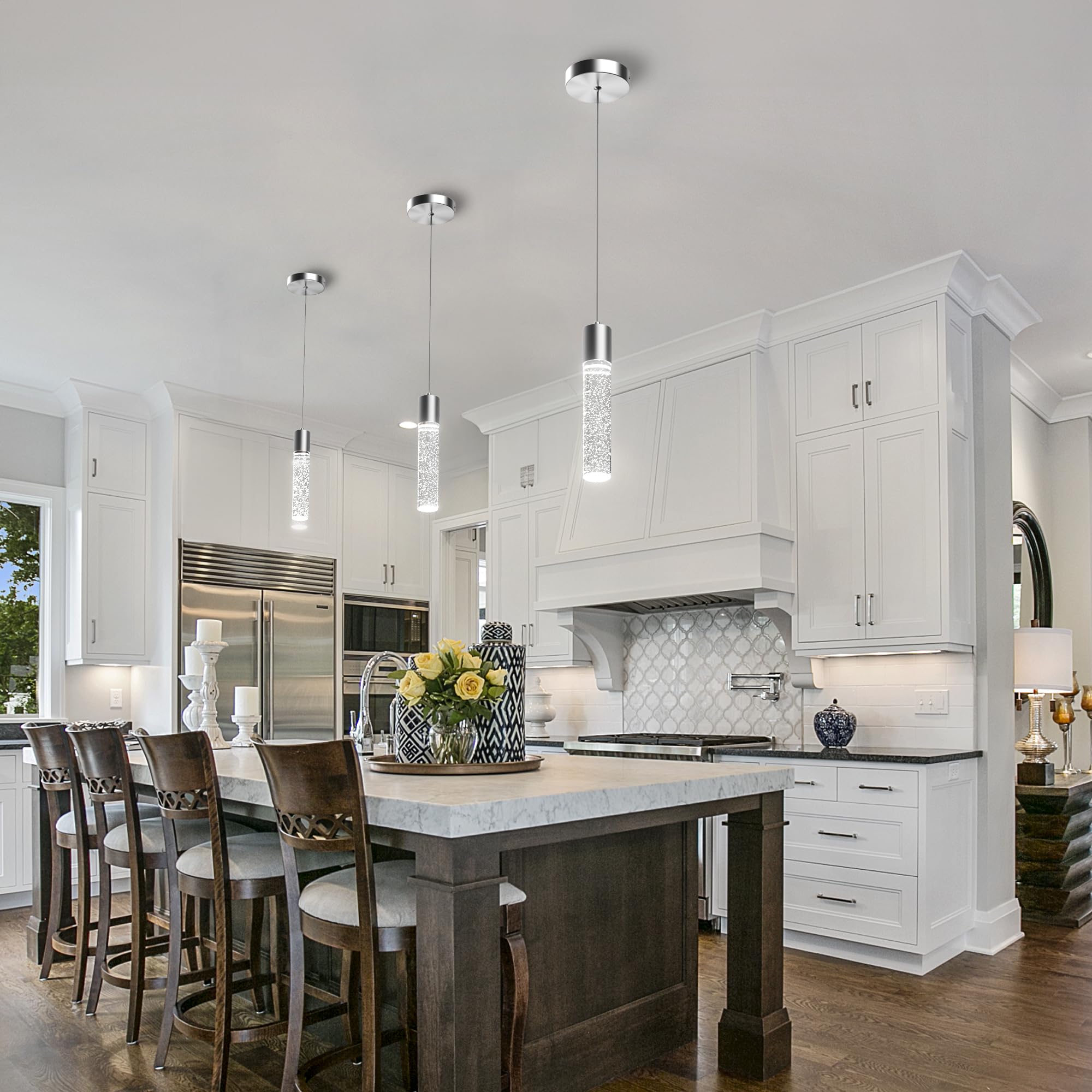 Esfos Pendant Lights Kitchen Island, 6500K LED, Crystal Bubble, Brushed Nickel, 1 Pack, Model L11-1-WT-LS