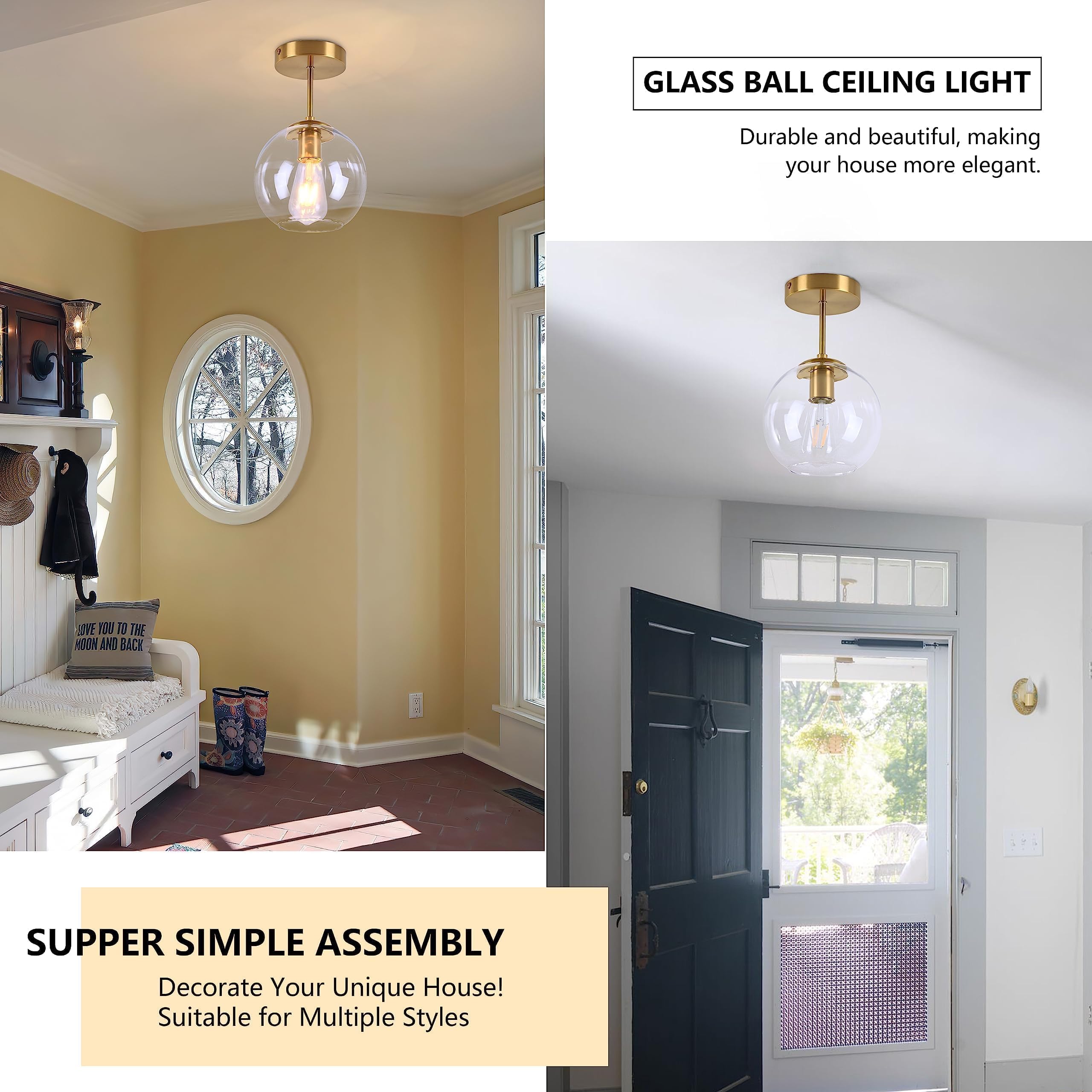 Bagood Gold Semi Flush Mount Ceiling Light Fixture With Clear Glass Light Fixture Mid Century Light Fixtures Gold Semi Flush Cei