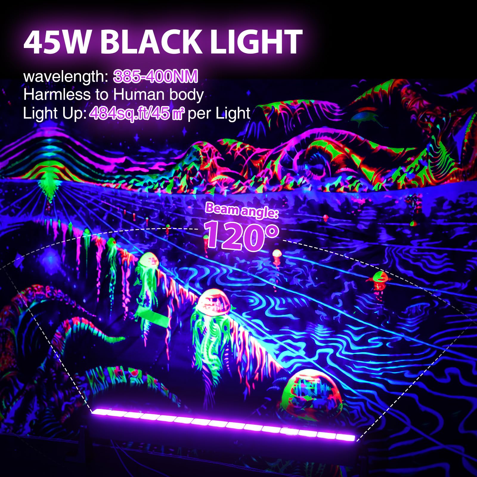 Meloght 45W Led Black Light Bar Black Lights For Glow Party Waterproof Blacklight With Plug & Switch  Halloween Light For Glow In The Dark Party Supplies Bedroom Body discomfort-reducingt Stage Lighting 4 Pack