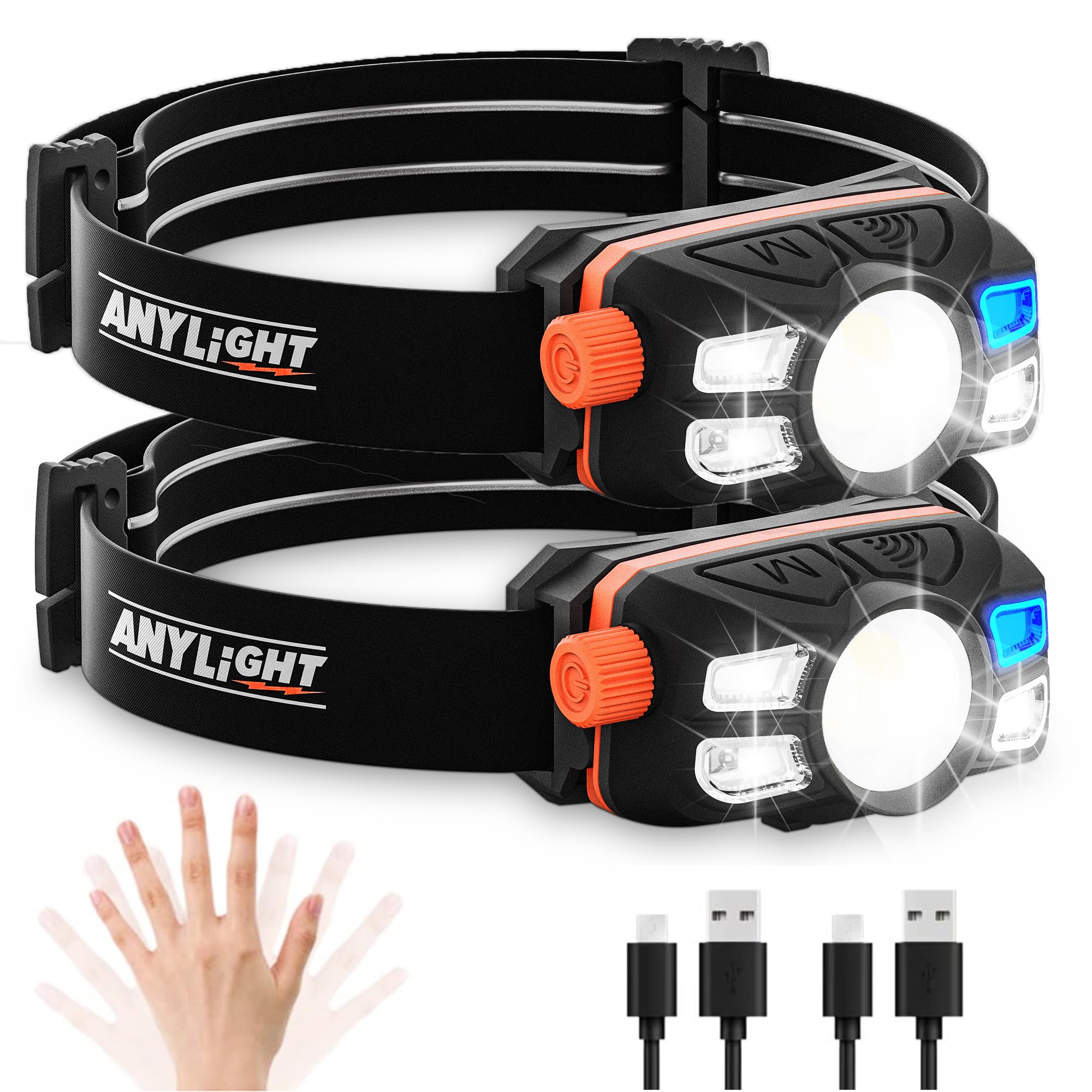 Anylight Rechargeable Led Headlamp With Stepless Dimming And Motion Sensor, Ip65 Waterproof Headlight For Repairing, Running, Ca