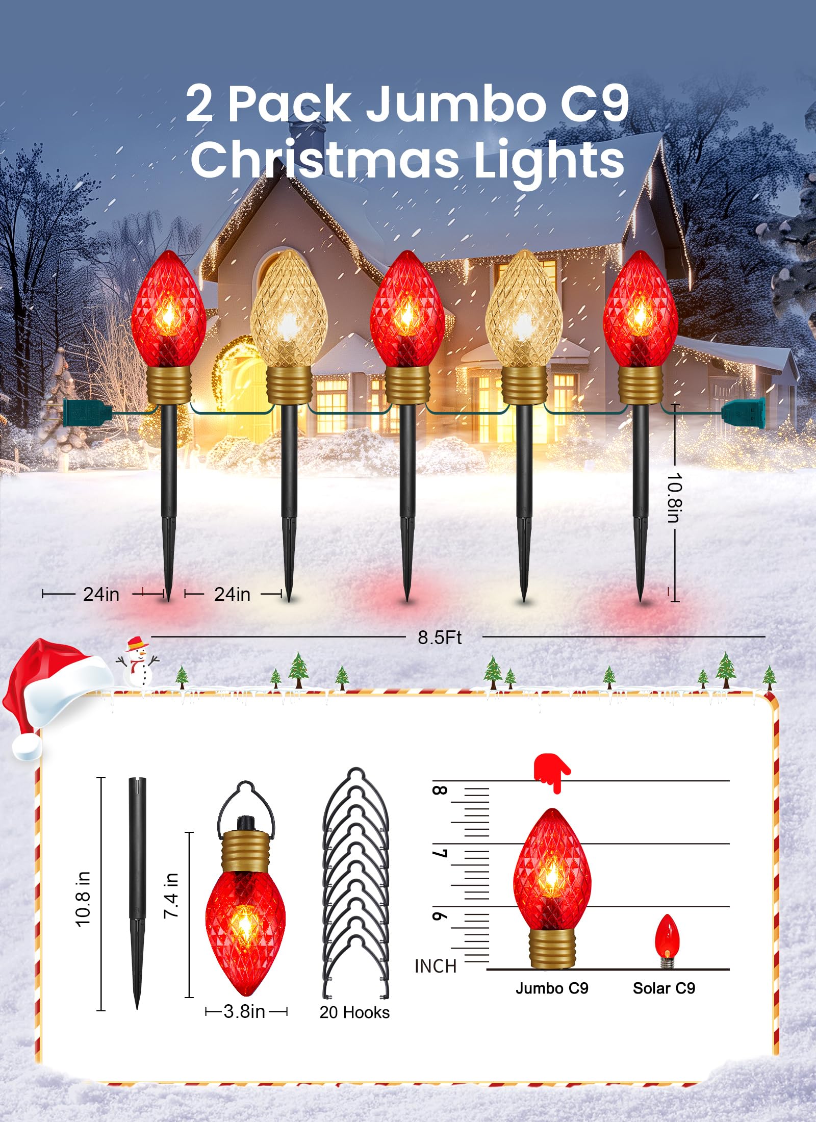 Minetom C9 Christmas Pathway Lights - 2 Pack 10.5 Feet, Multicolor Red & Warm White Outdoor Decorations