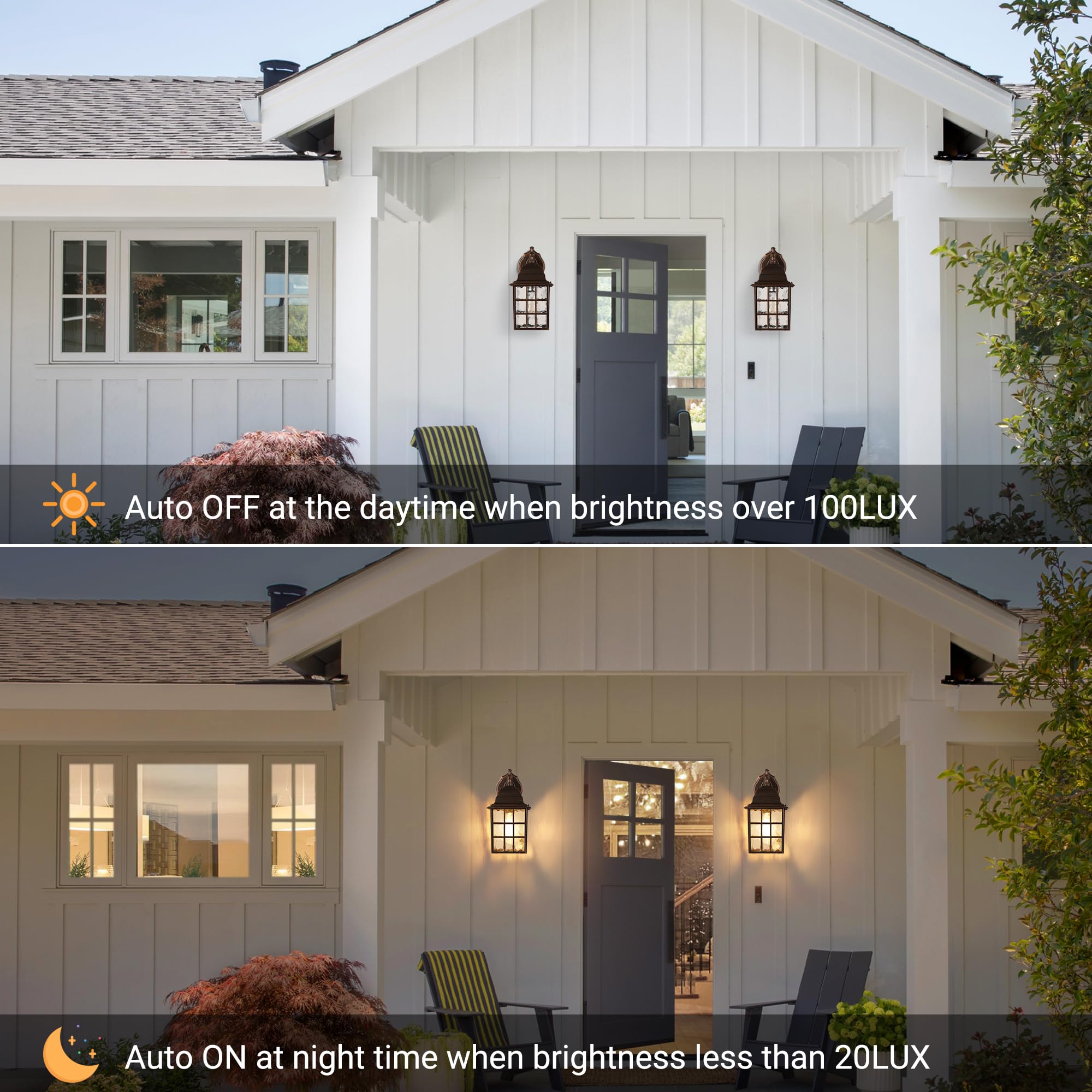 Farmhouse Exterior Light Fixtures - Sensor Dusk To Dawn Outdoor Porch Lights, Black Brush Gold Wall Sconce, Outside Wall Lantern