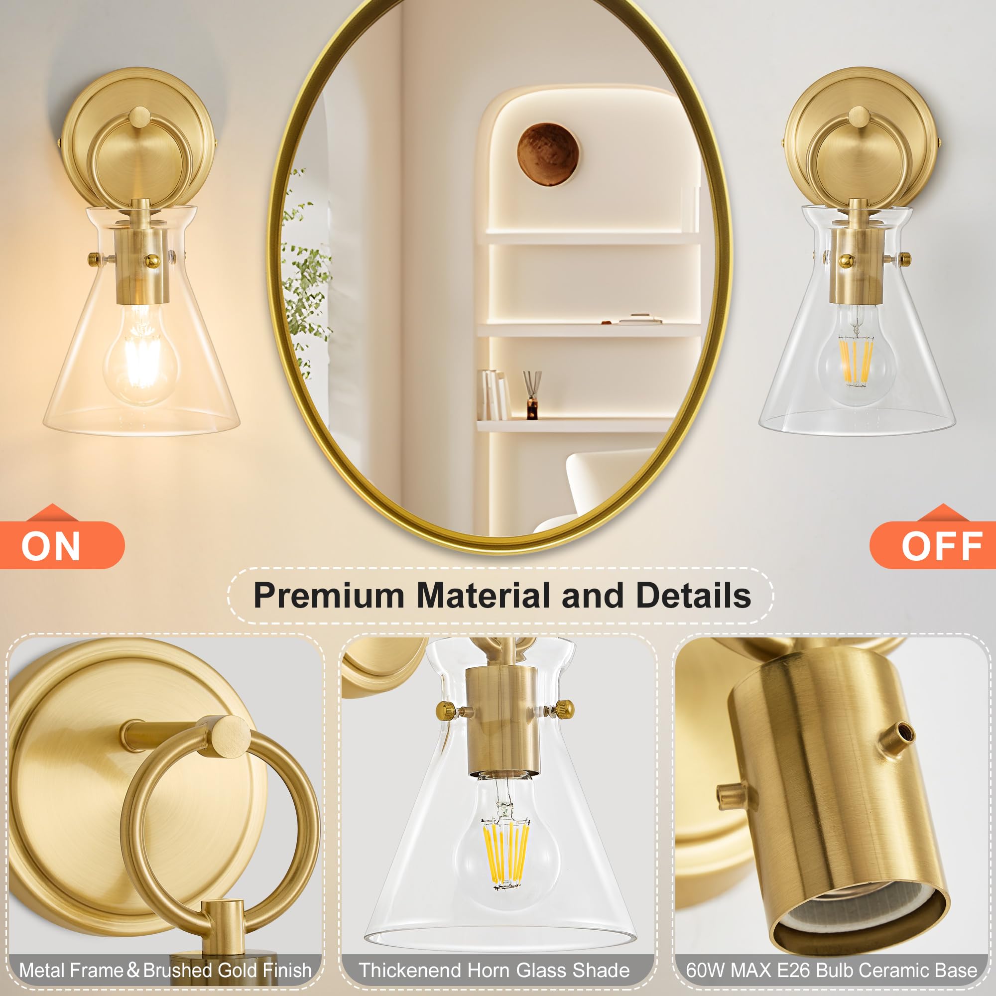 Gednbo Gold Wall Sconces Set Of 2 Modern Vanity Light Fixtures For Bathroom Wall Mount Lighting Lamp Hardwired Farmhouse Wall Lights With 6 Inch Clear Glass Shade For Bedroom Living Room Mirror