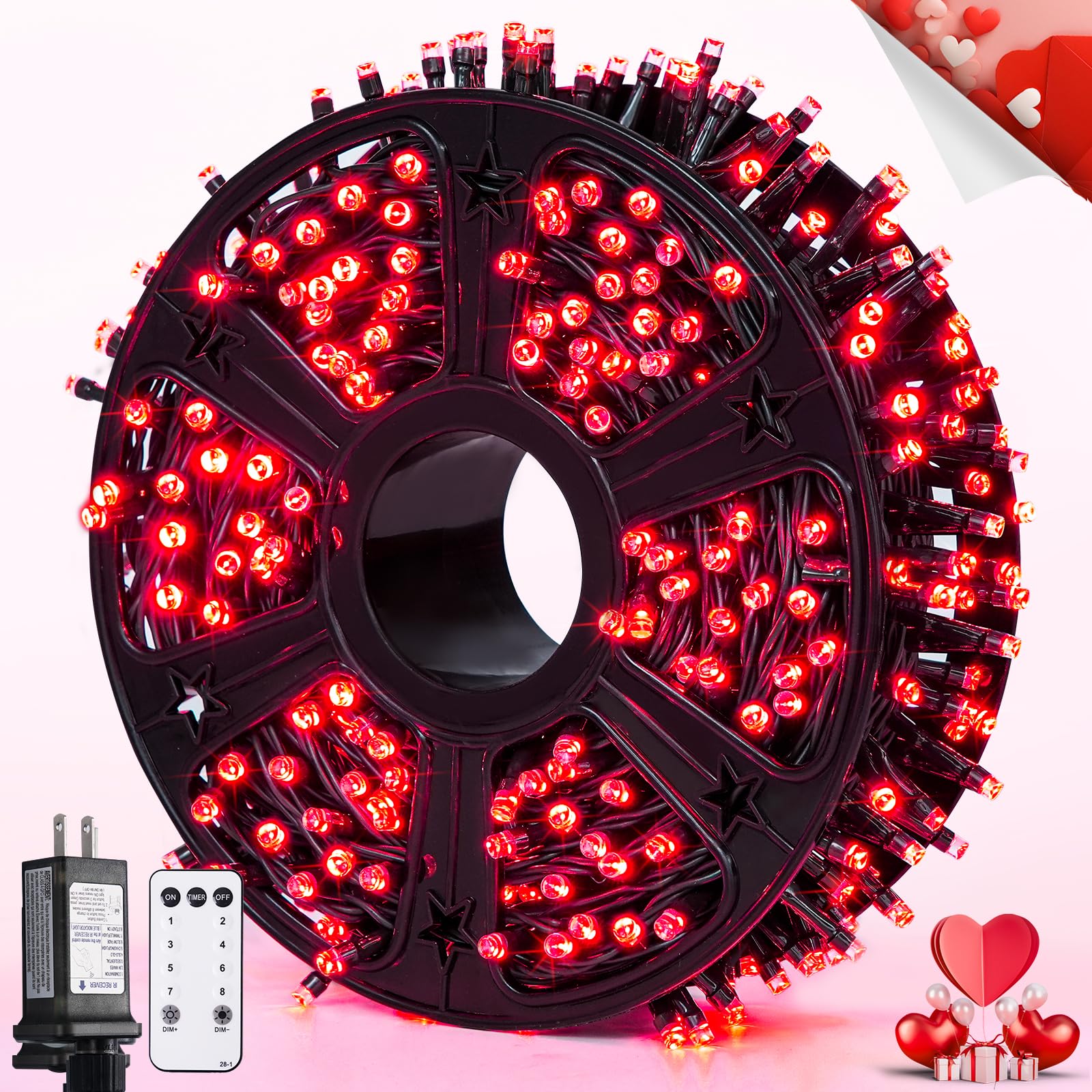 JMEXSUSS 400 LED Red Valentines Day Lights, 132ft Red String Lights Plug in with Remote, Indoor Outdoor Red Lights for Valentine