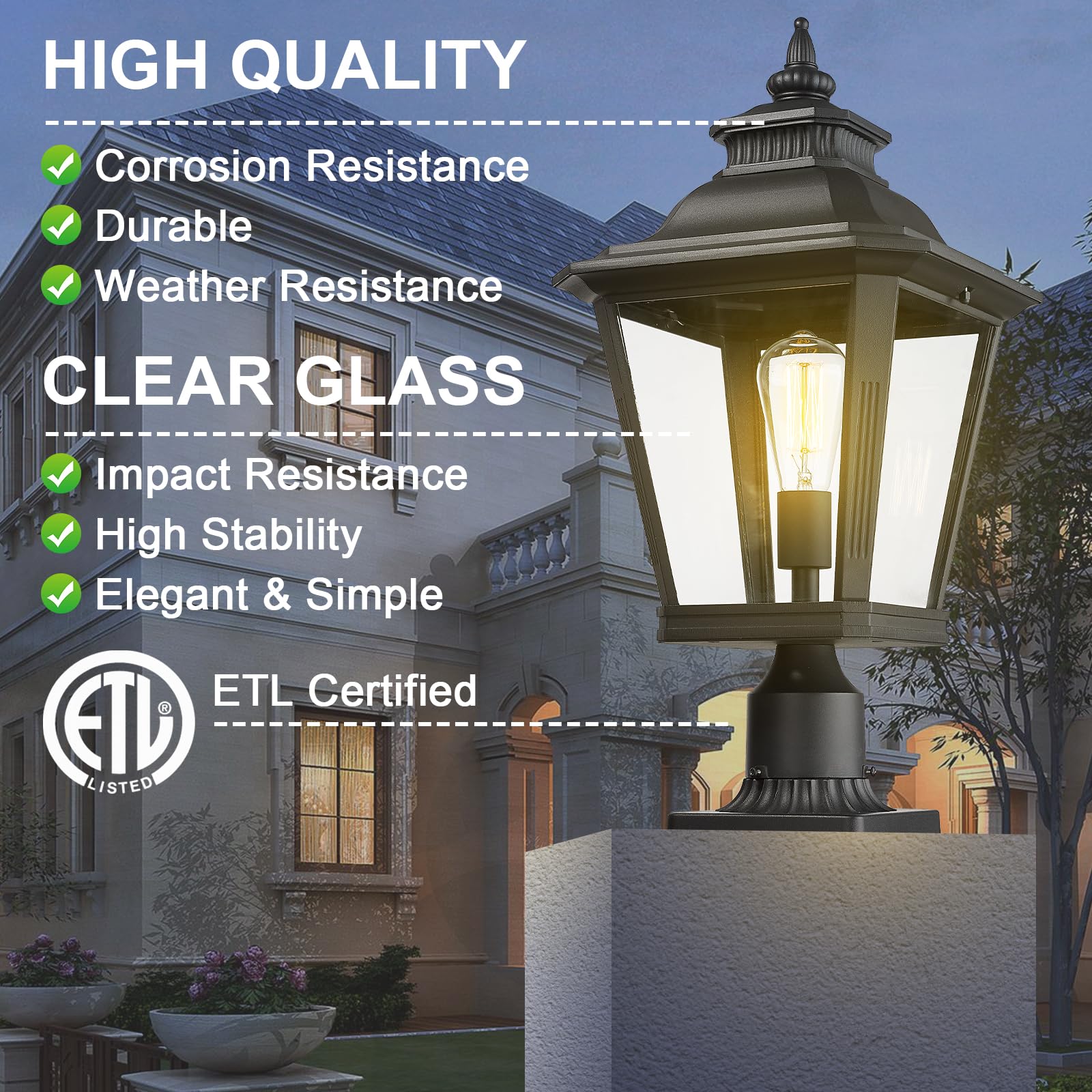 Luminzone 21'' Outdoor Post Light Fixture - Black Waterproof Aluminum For Pathway & Patio