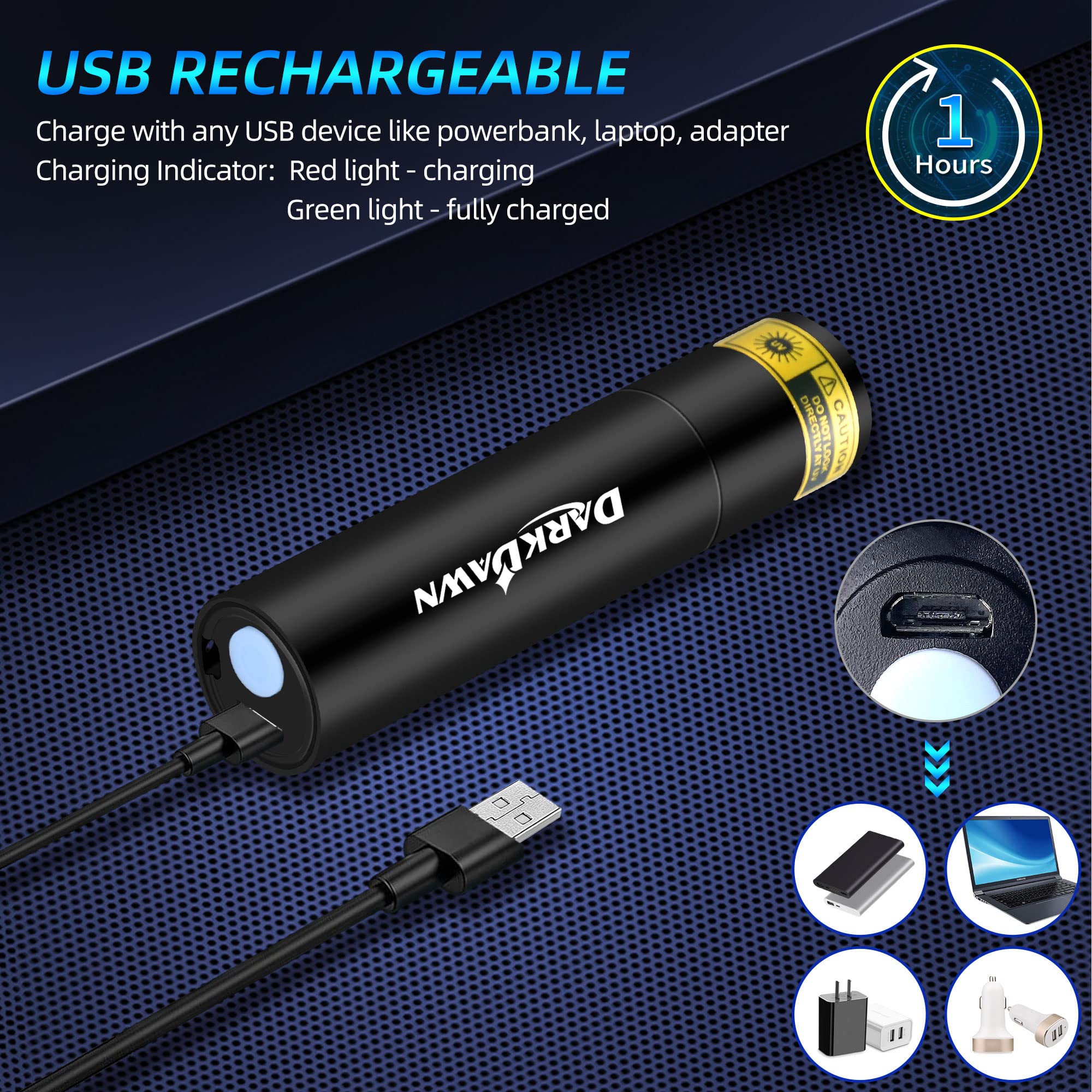 DARKDAWN UV Mini Flashlight 365nm USB Rechargeable Portable LED Blacklight V4-UV Filtered 1-Pack