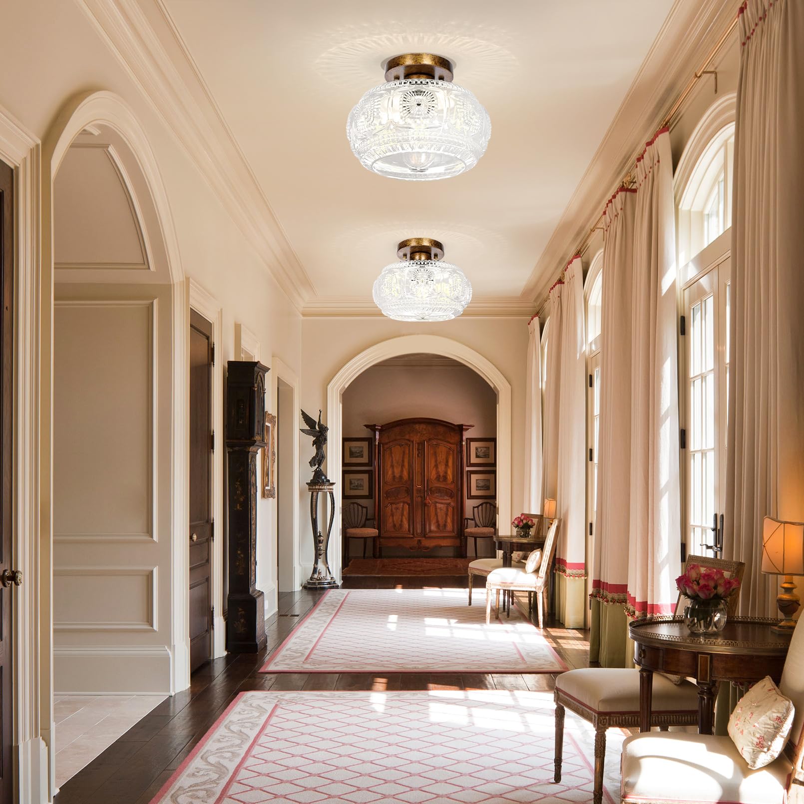 Oykyohei Semi Flush Mount Ceiling Light, Globe Glass Ceiling Light Fixture, Antique Bronze Modern Lighting For Hallway Bedroom E