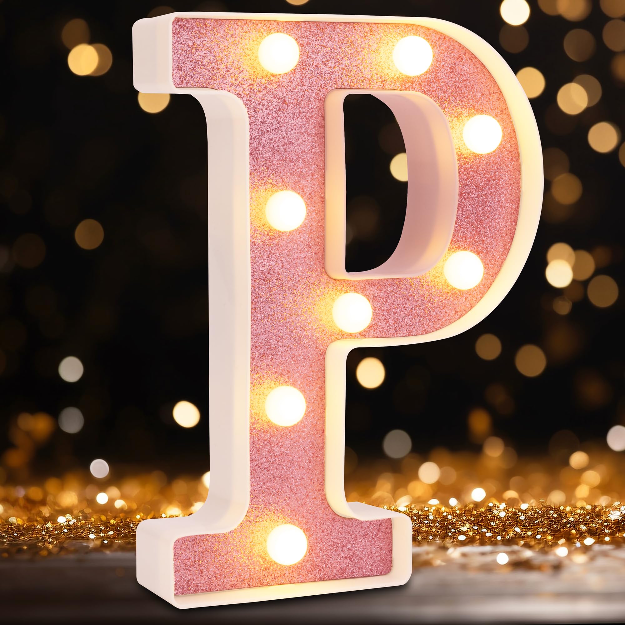 DyingSwan Small LED Marquee Letter P, 8.58 Inch Lighted Sign, Battery Powered, Pink Glitter Plastic Decor