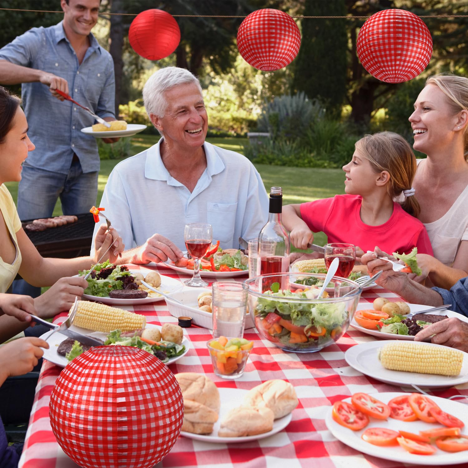 Blulu Picnic Party Decorations - 24 Red Paper Lanterns, Checkered Round Design, Red and White, Ideal for BBQ and Pizza Parties