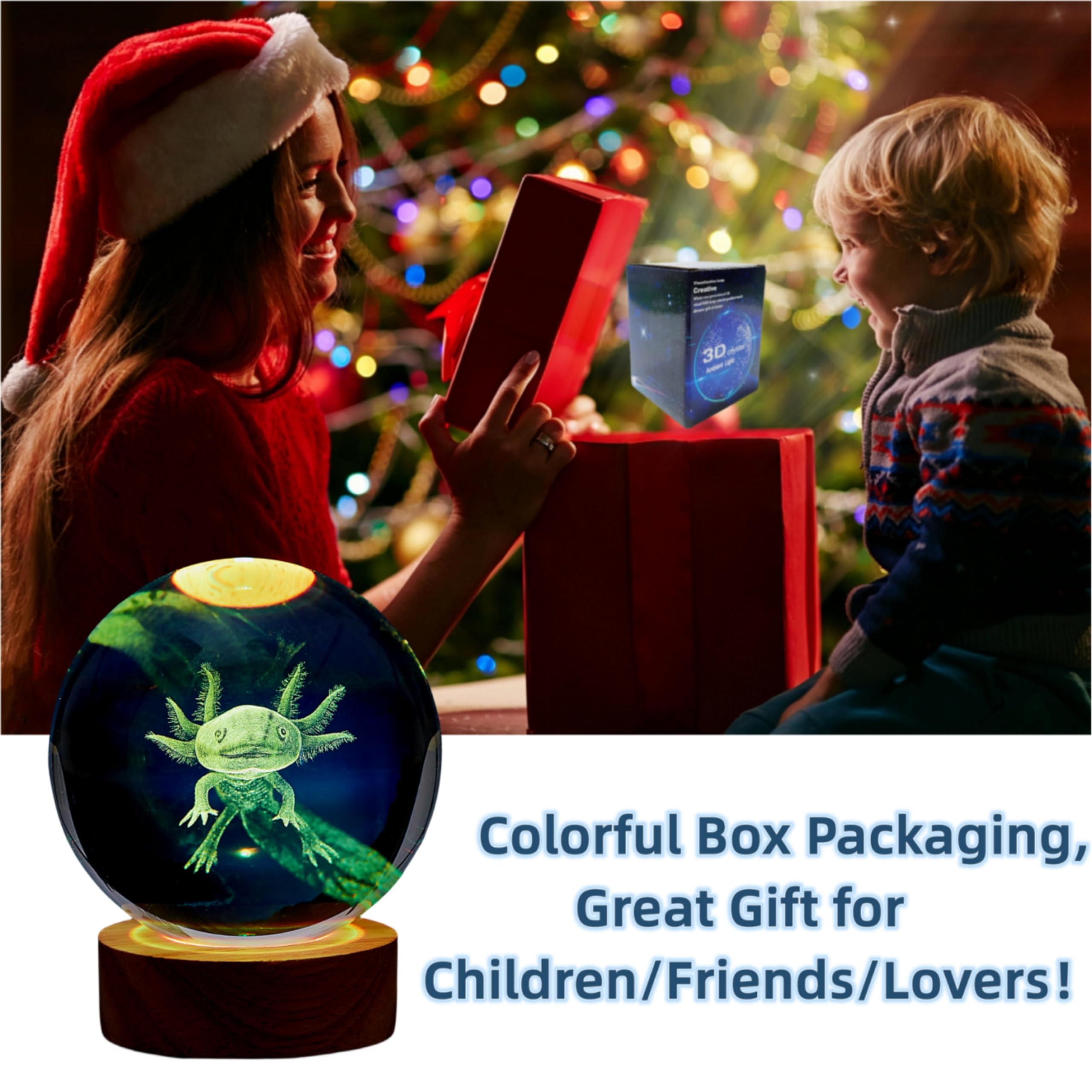 Digfpwt 3.15 Inch Axolotl Crystal Ball Lamp, 3D K9 Crystal Night Light With Wooden Base, 16 Color Change Remote, Clear Glass Bal