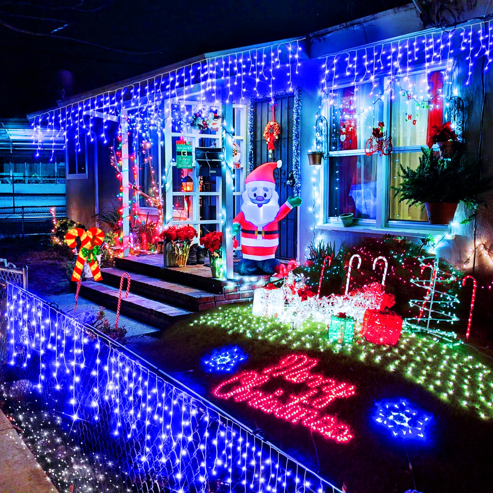 Heceltt Christmas Lights Outdoor Decorations, 1280 LED 131FT Blue Ice String Lights, Clear Wire, 8 Modes, Timer, Hanging Decor