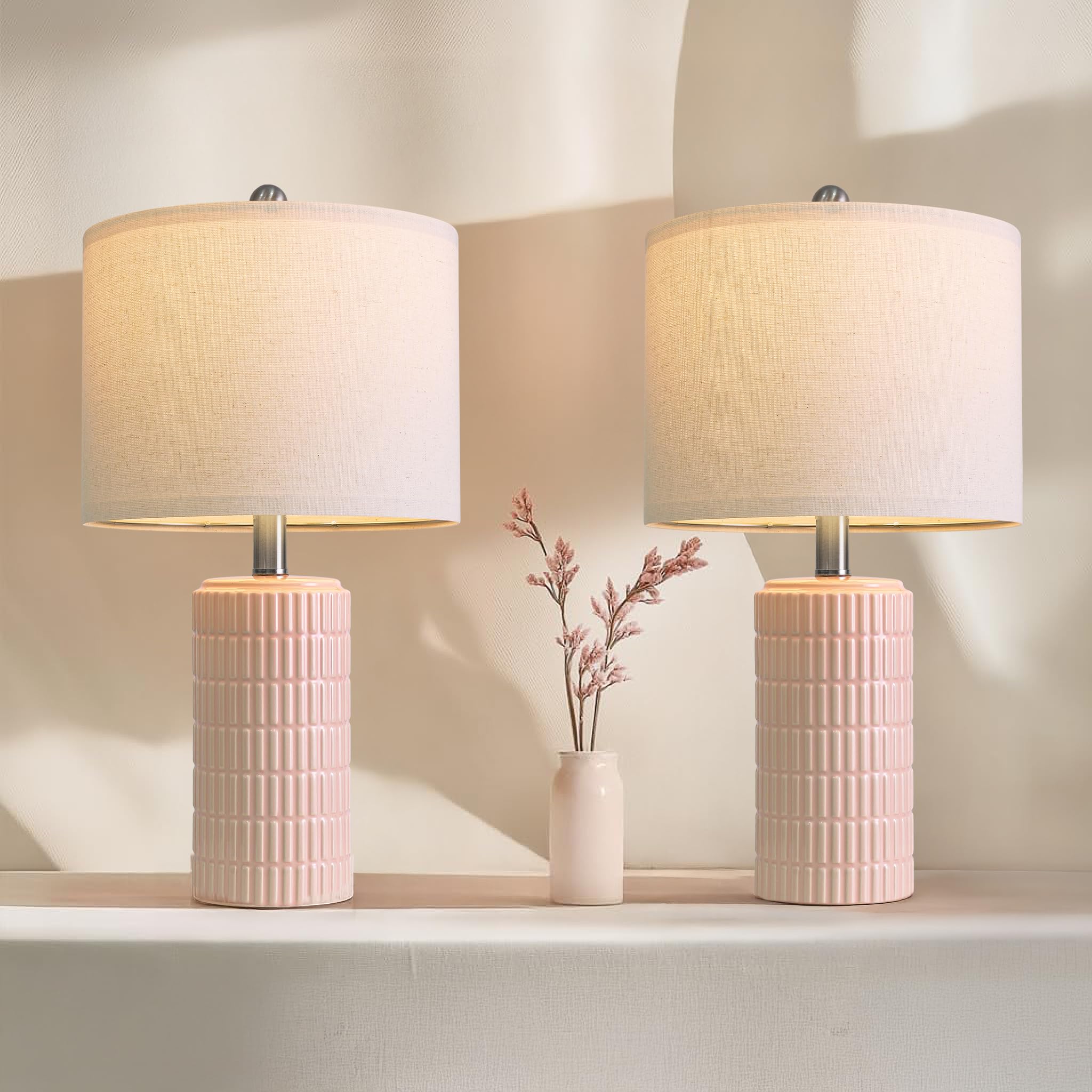 PoKat 20.75 Pink Ceramic Table Lamps Set of 2  Small Modern Bedroom Lamps for Girls Room  Bedside Lamps for Night Stands  Cute Lamps for Living Room Decor  Nightstands Desk Lamp  Light Pink