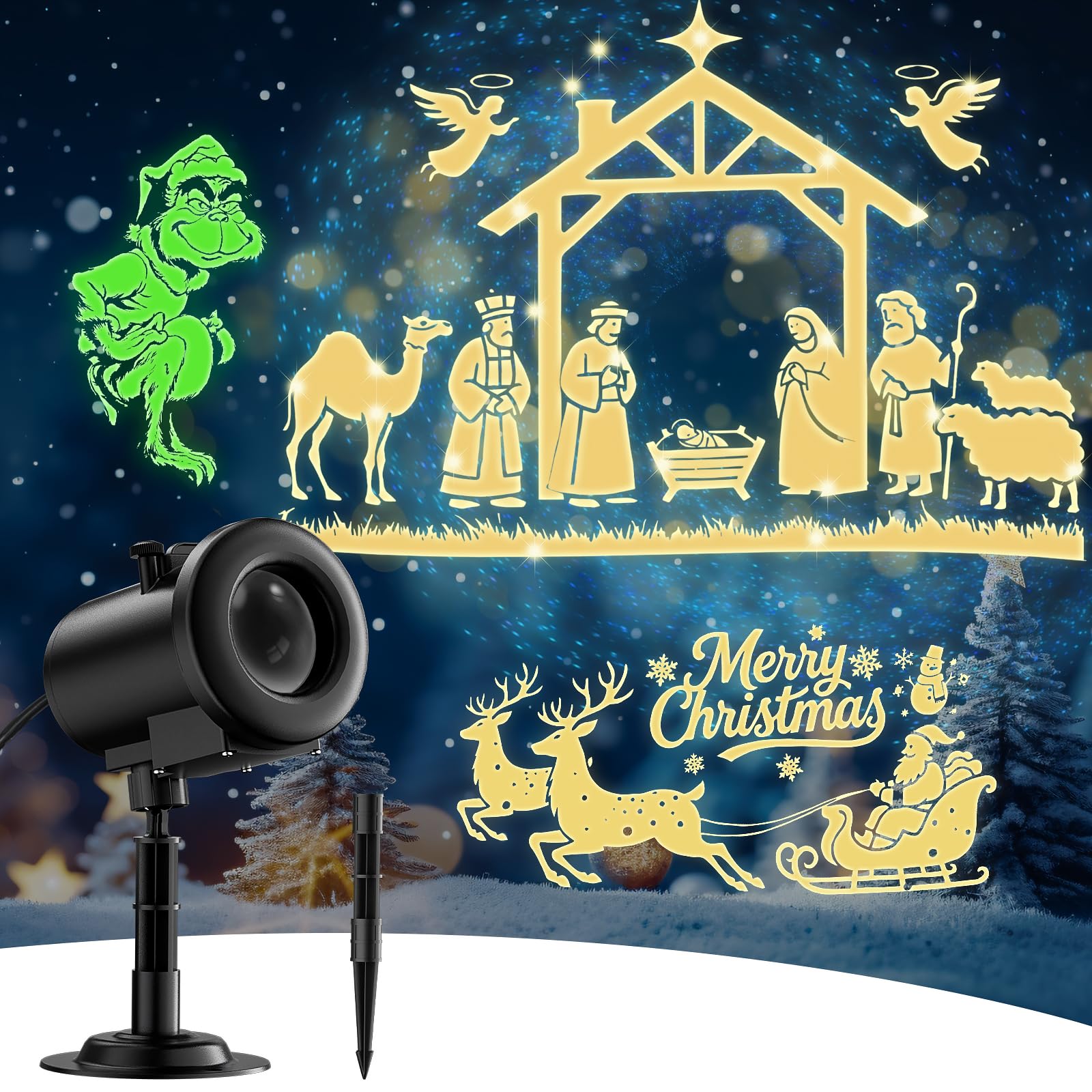 12 in 1 Nativity Scene Christmas Projector Lights Outdoor Indoor - 3D Dynamic Jesus/Santa Sleigh/Ghost/Spider/Bat Christmas Deco
