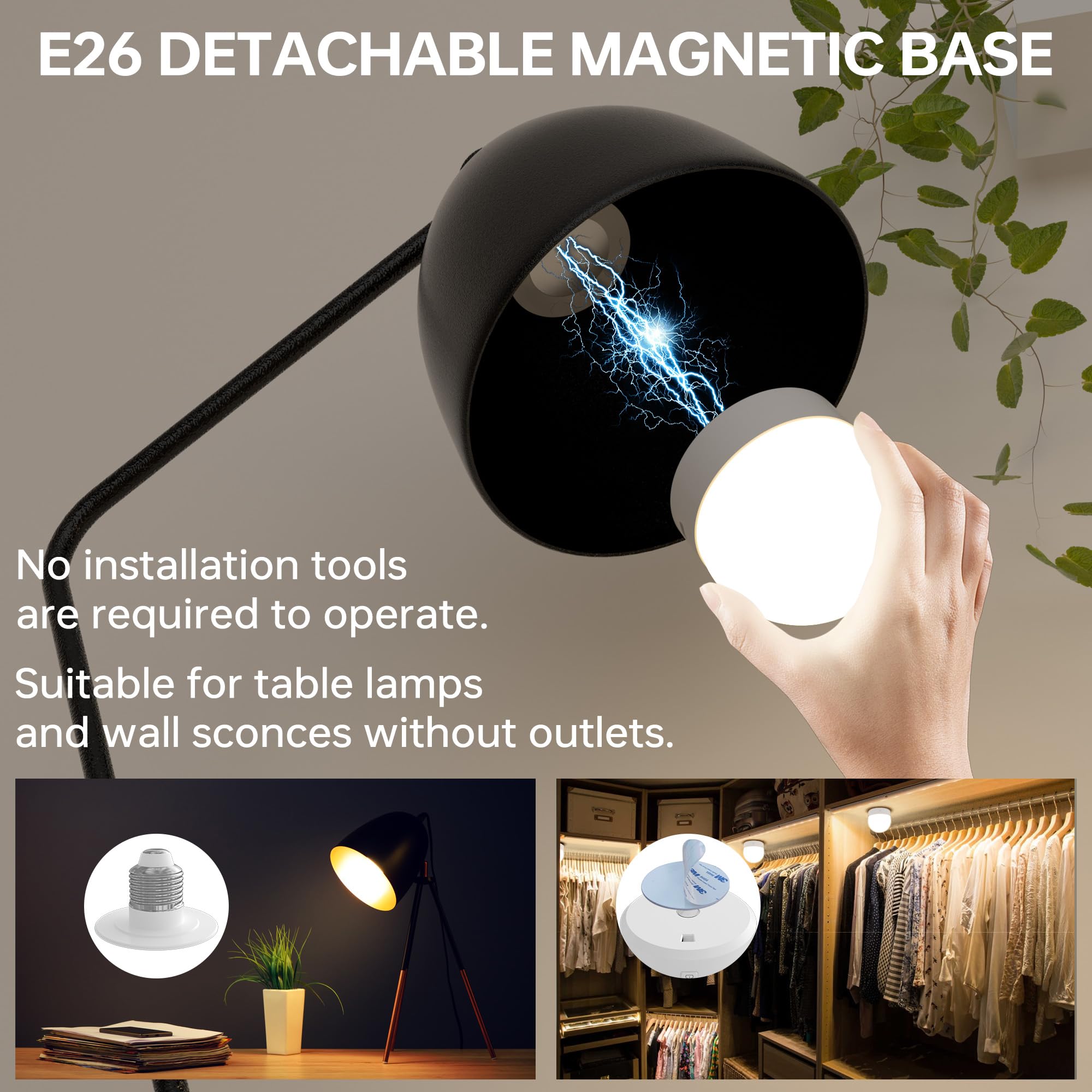 KINDEEP Rechargeable LED Night Light Bulb, 3000mAh with Remote, 400LM, 3 Color Temperatures, RGB, Wireless E26, White, 2pcs
