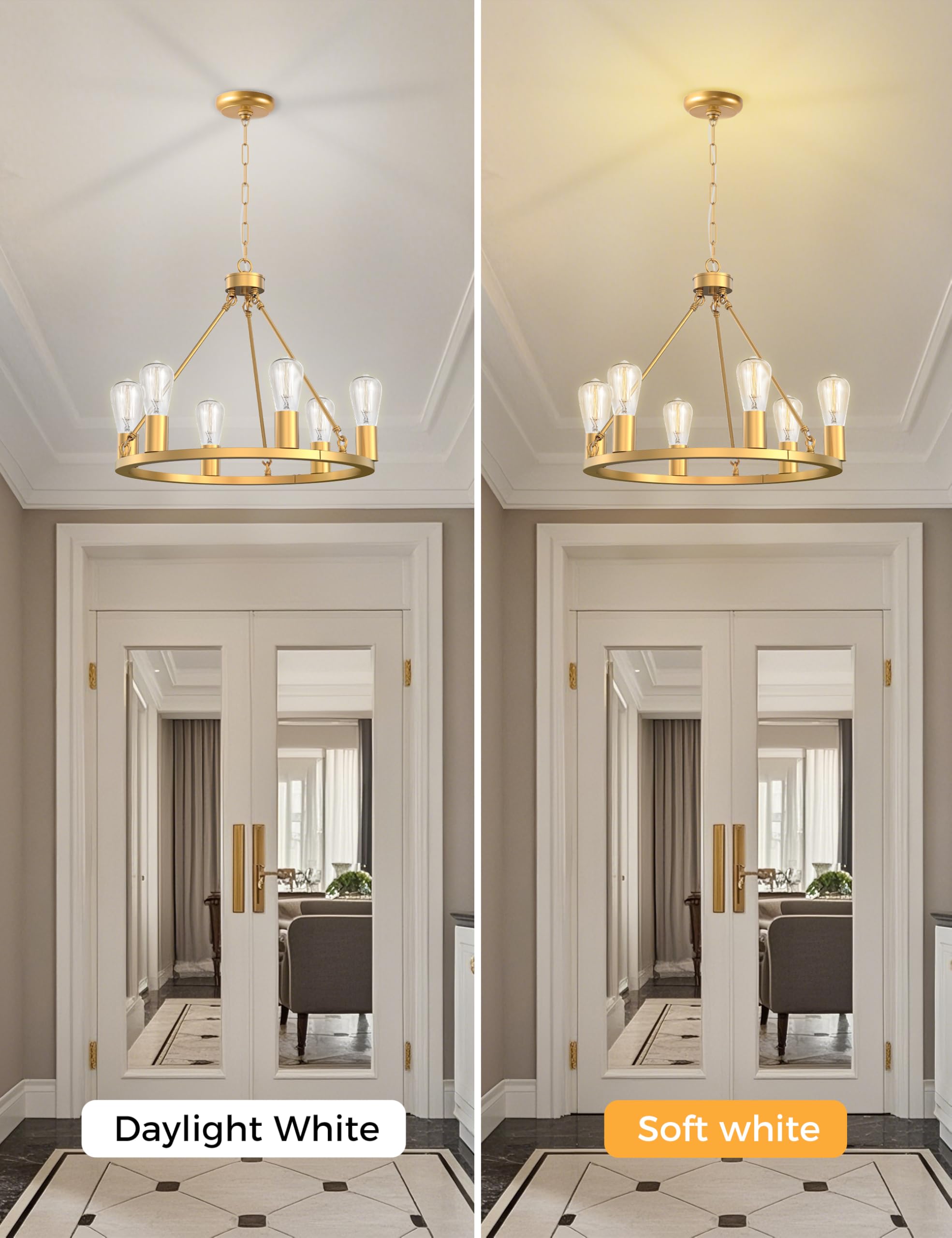L Lohas Led Gold Farmhouse Chandeliers For Dining Room, 6-Light Wagon Wheel Chandelier Over Table, Height Adjustable, 19'' Dinin