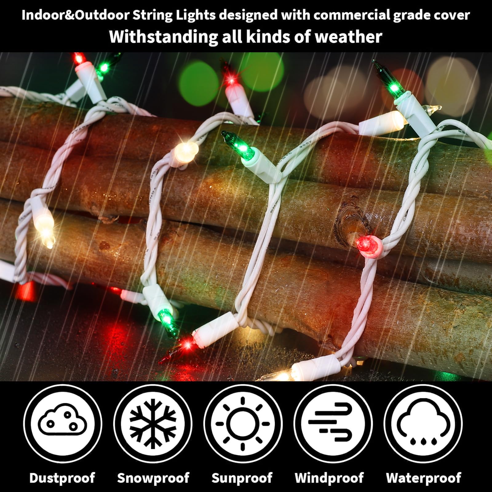 LAMPHOME Christmas Lights - 100 Mini Bulbs, 19.6ft, UL Certified, Red Green Clear, Extendable String Lights for Outdoor Decor