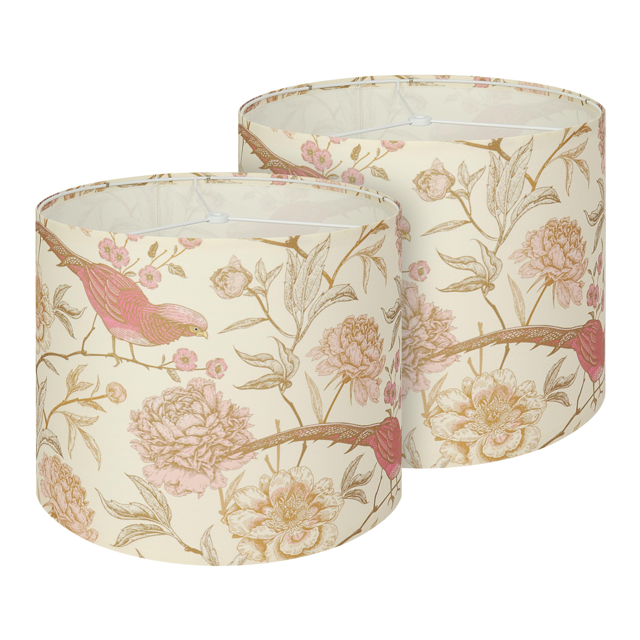 2-Pack Floral Bird Print Drum Lamp Shades - 13x13x10 with Spider Fitter, Perfect for Table Lamps in Farmhouse, Shabby Chic, and 
