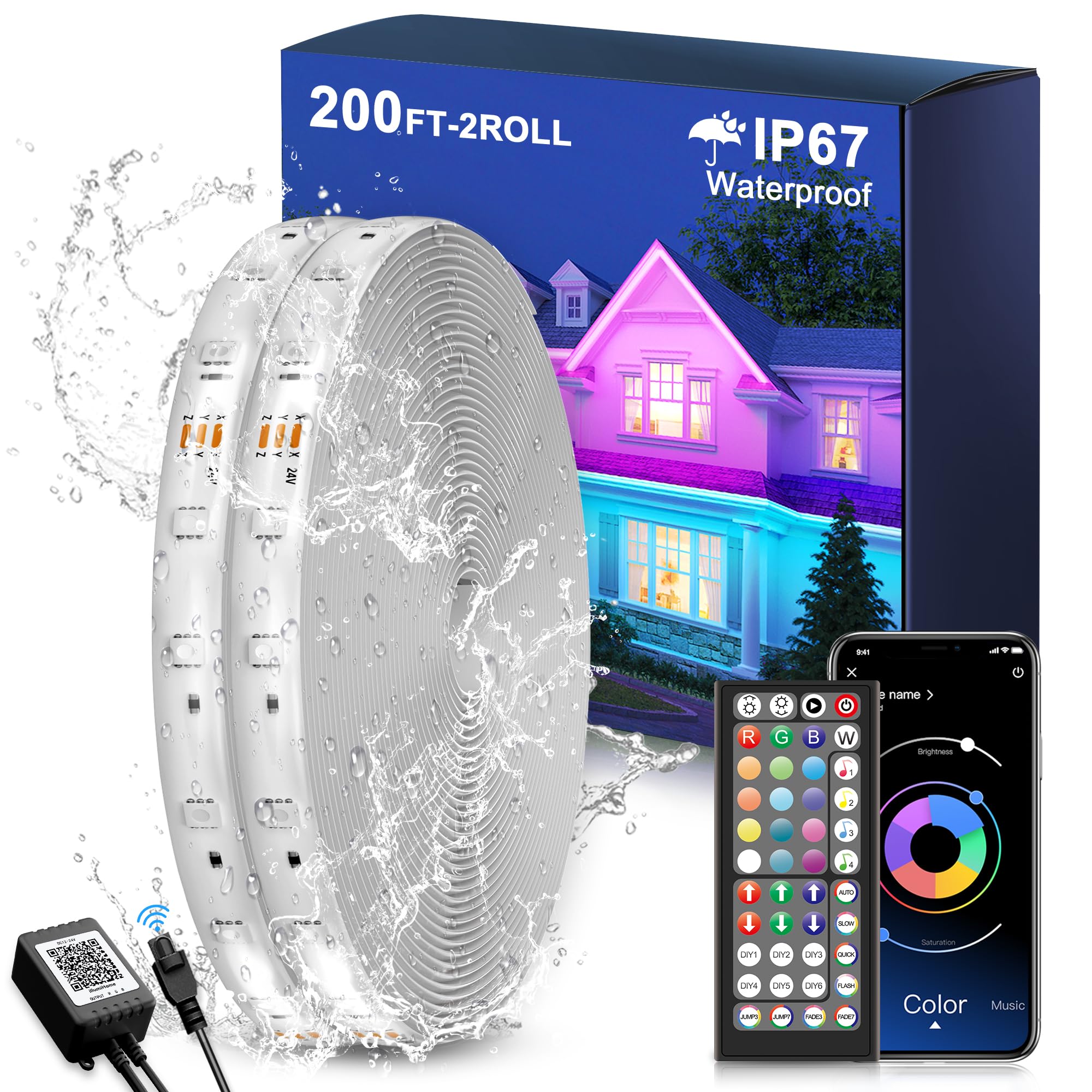 Fussion Outdoor LED Strip Lights Waterproof 200FT (2 Rolls of 100FT) with Remote, RGB LED Light Strips Music Sync Color Changing