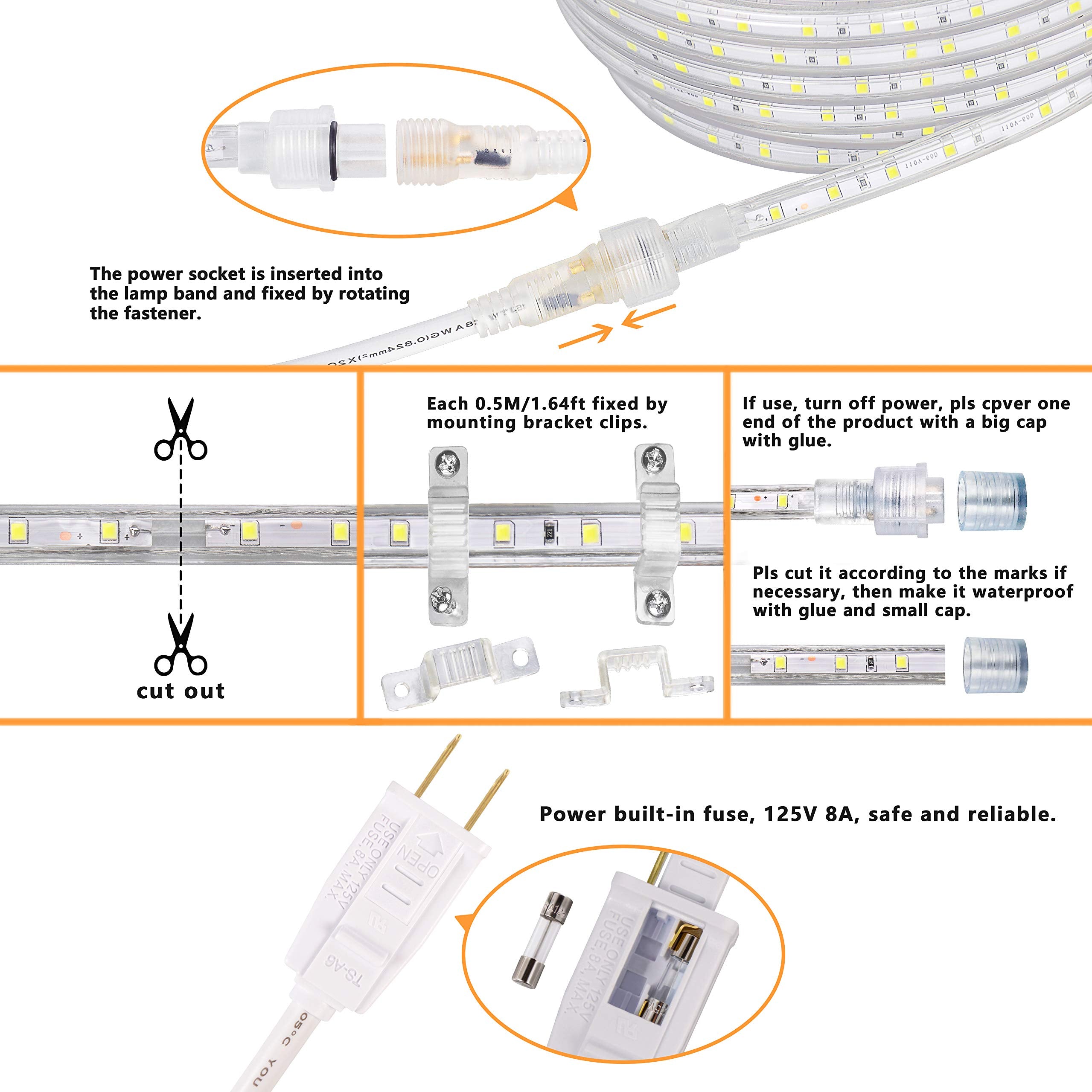 SURNIE 50ft LED Rope Lights, Waterproof Flexible Daylight White, PVC, Model SR11102-15-DW-NA for Outdoor Deck Patio Camping Decor