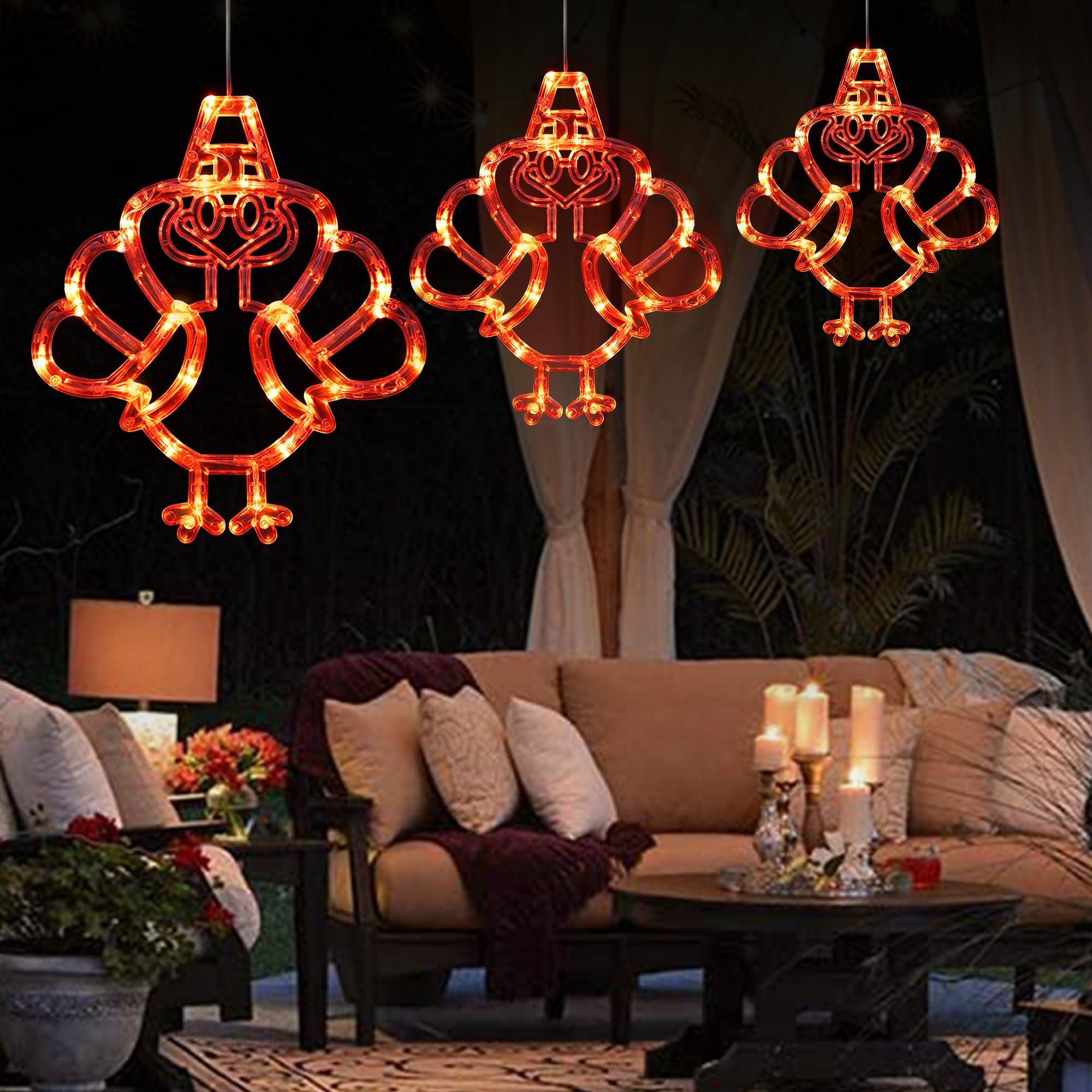 [Timer] 3 Pcs Thanksgiving Turkey Decorations Window Lights, Battery Operated Thanksgiving Lights With Suction Cup, Turkey Lights Thanksgiving Decorations For Home Indoor Thanksgiving Party Decor