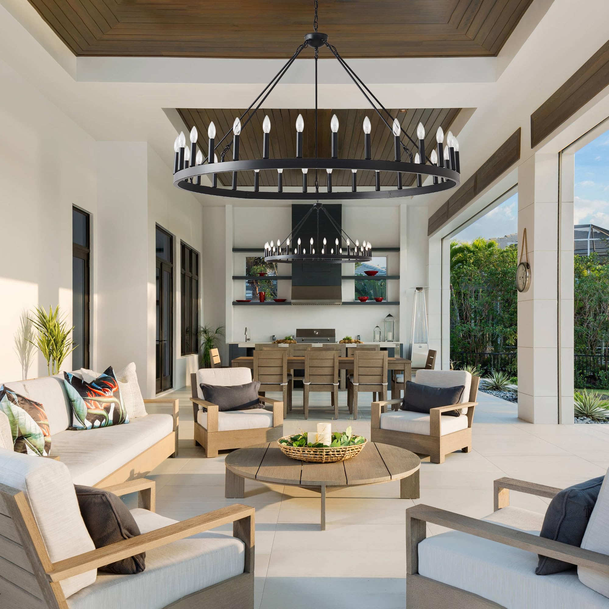 Zbmyrbzj 53&quot; Black Wagon Wheel Chandelier, 30-Light Metal Fixture For High Ceilings & Dining Room