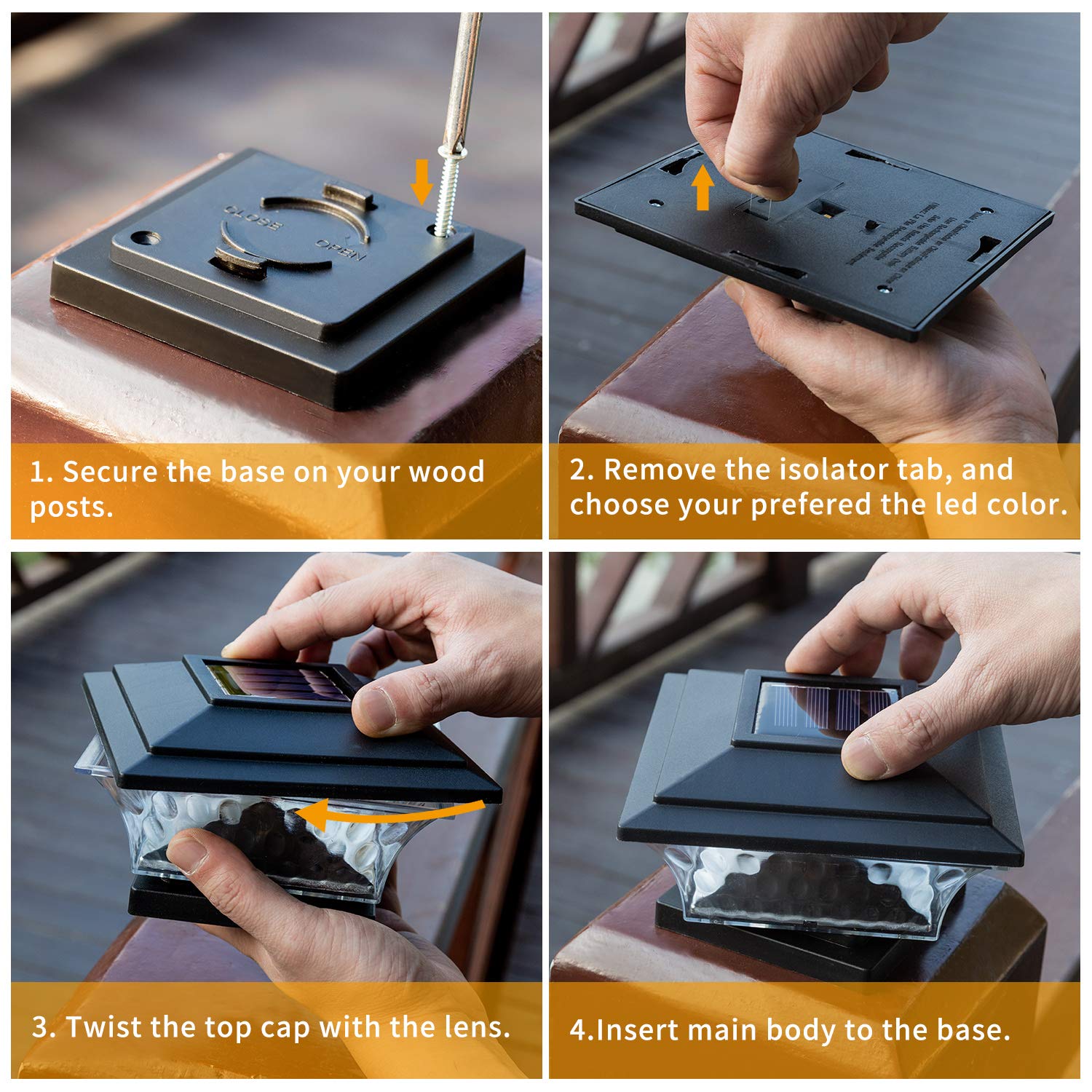 Huyieno Solar Post Cap Lights - 12Pk Led Outdoor Lighting, Warm White/Bright White, Black, Fits 4X4 Wooden Posts, Durable Plastic