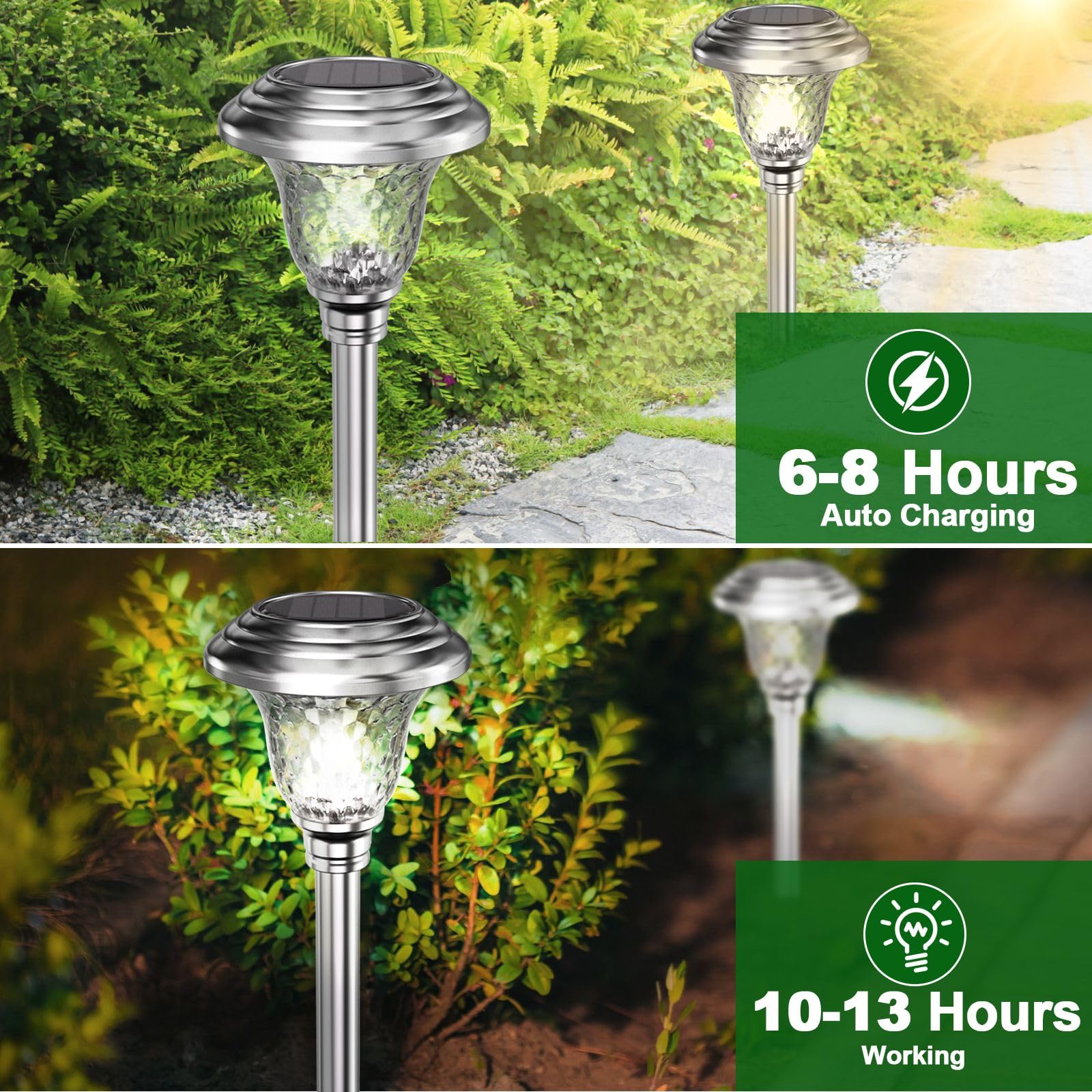 BEAU JARDIN Solar Pathway Lights, 8 Pack, Stainless Steel, Waterproof, Auto On/Off, Model GL002-1, Silver