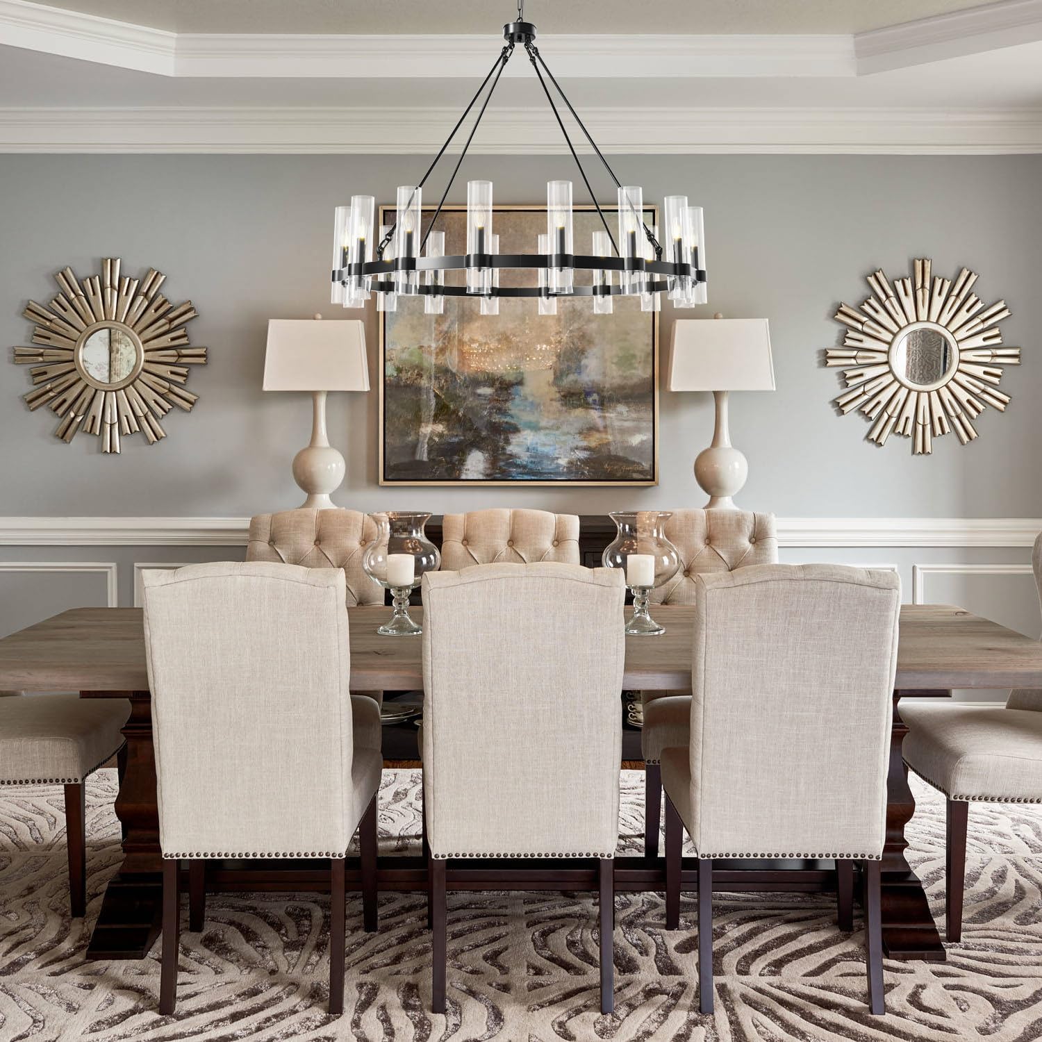 JKLX 48 Inch Black Wagon Wheel Chandelier, 16 Lights, Glass Shade, Model BOLI-1.1-1.2-1.35