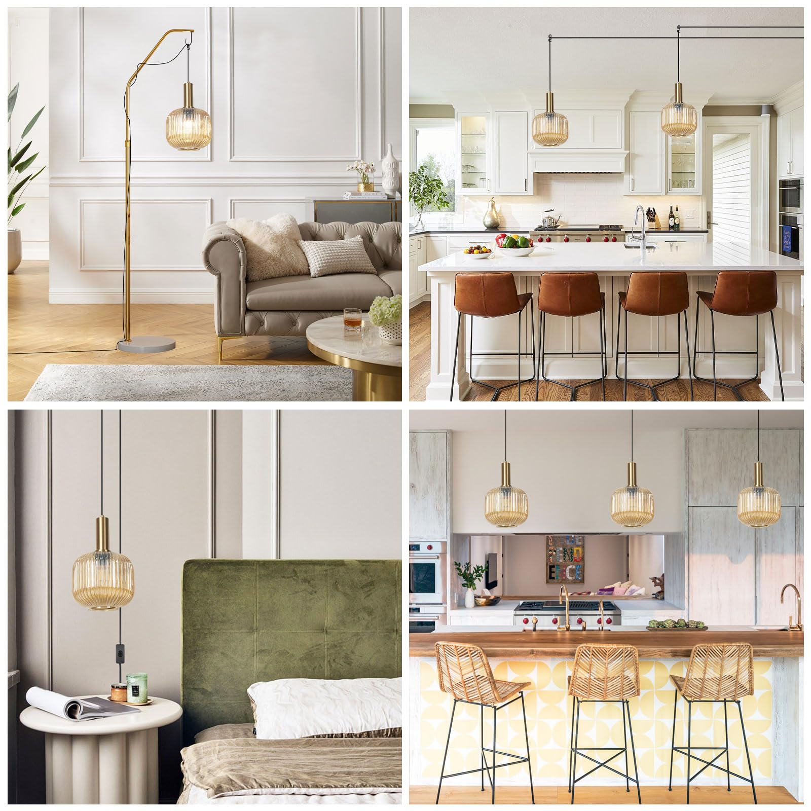 Pobllem Mid Century Modern Pendant Light 1-Light Gold Amber Chandelier Ceiling Fixture, Model QA1125