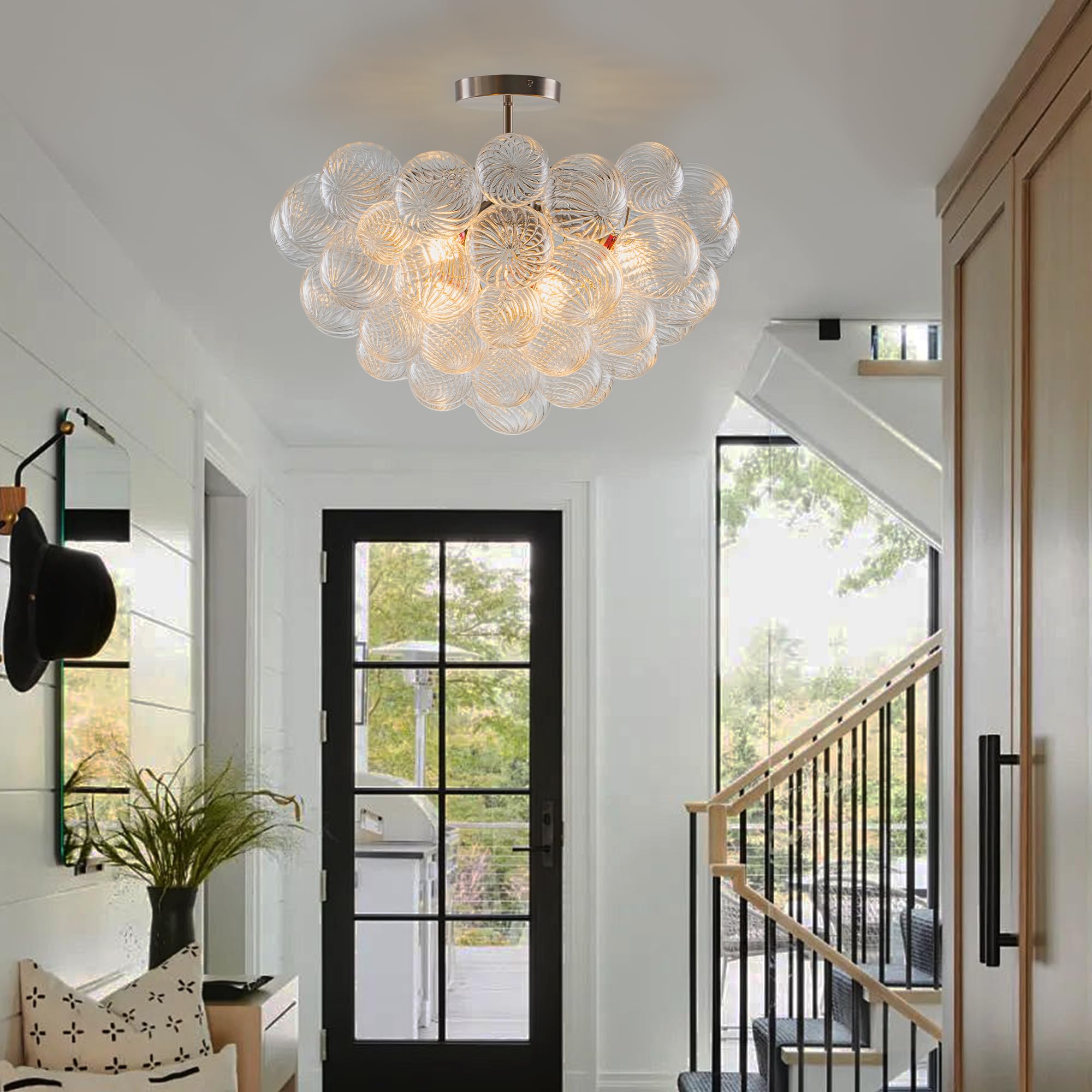 Beypan Bubble Glass Ball Chandelier Nickle Finish 24'' Dia Semi-Flush Mount Ceiling Lights Clear Ribbed Blown Glass Globe Chande