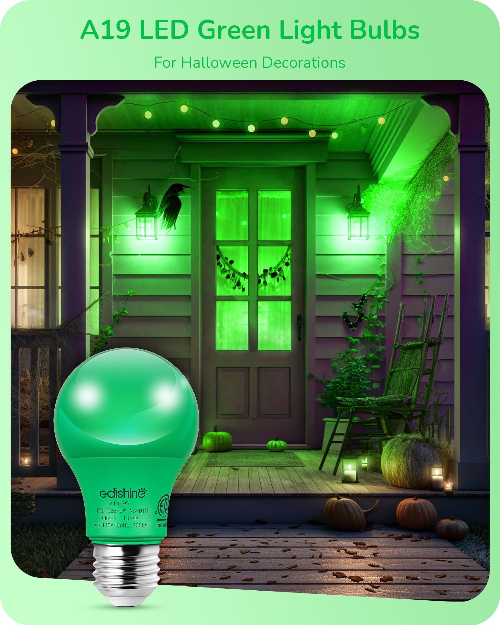 EDISHINE A19 LED Light Bulb 60W Equivalent, Green, 9W, E26 Base, ETL Listed, 4 Count