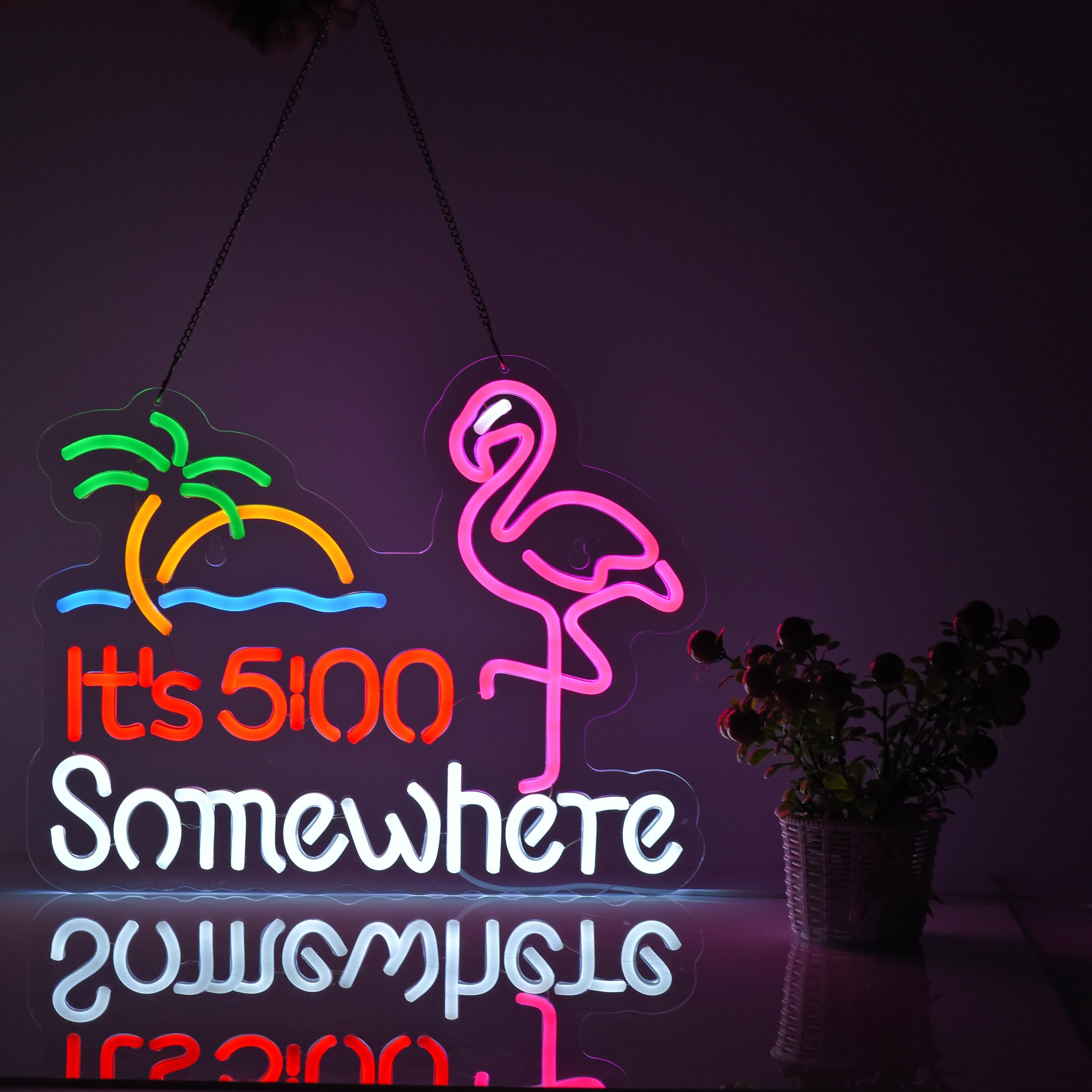 Roouneon Flamingo Its 5 00 O'clock Somewhere Neon Sign for Wall Décor Dimmable LED Bar Beer Neon Light USB Powered Neon Art Signs