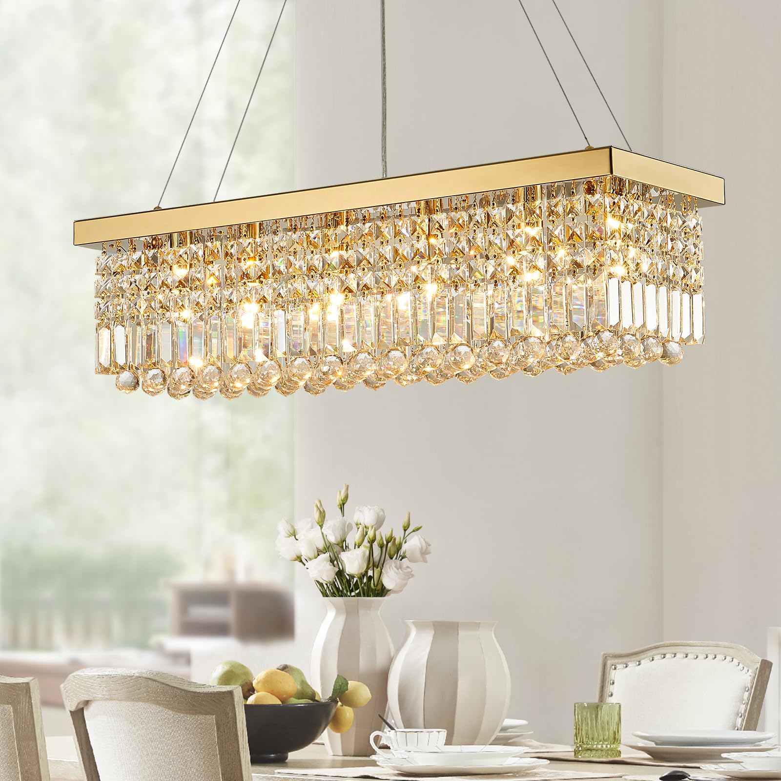 Siljoy 6-Light Crystal Chandelier, Gold K9 Raindrop Pendant Light, Adjustable, L31.5in  x W10in  x H10in , Modern for Dining Room, Model HLP