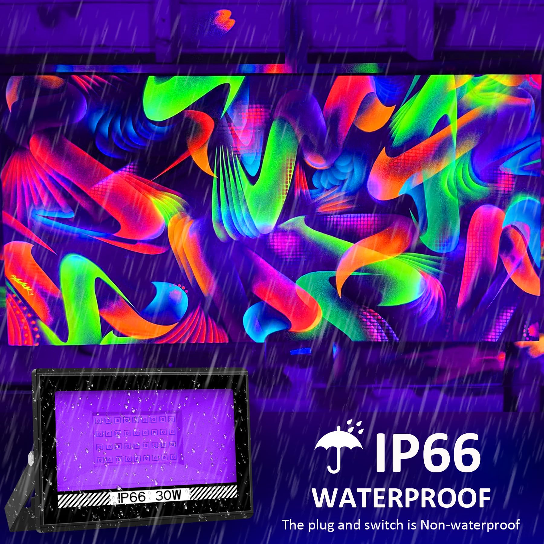 Crepow 30W Black Lights, 4 Pack Led Blacklight Flood Light With Plug, Ip66 Waterproof Black Lights For Glow Party, Glow In The D