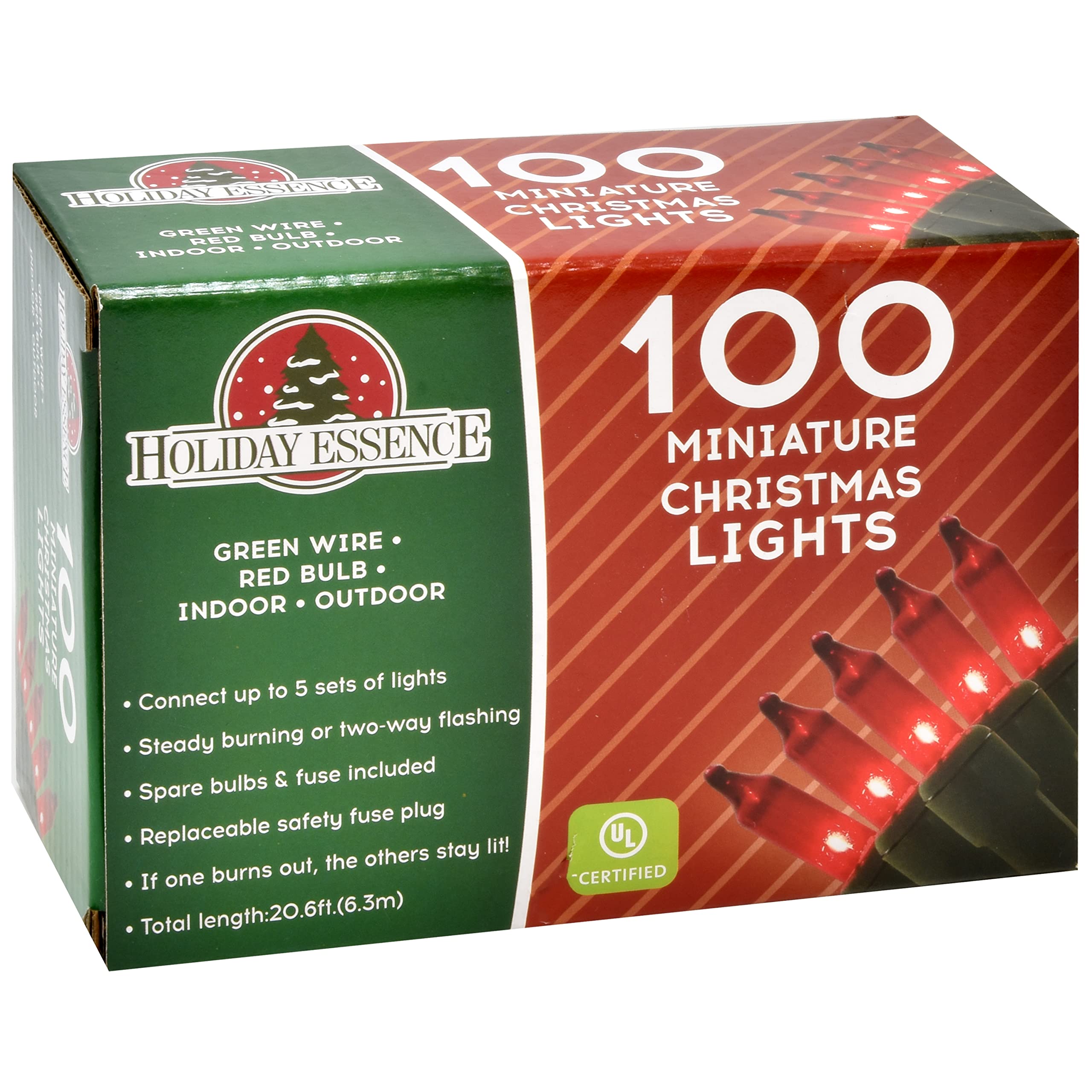 Holiday Essence Christmas String Lights - 100 Count Red Lights, 20.6 Feet Long, Green Wire for Indoor & Outdoor Décor