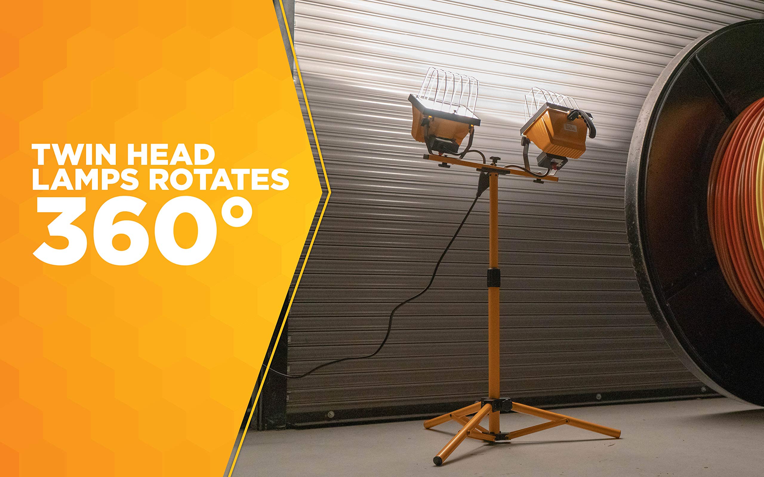Woods L13 Twin Head Work Light, Adjustable Tripod Up To 42 Inches Tall, 16,000 Lumen, 4-Foot 18/3 Cord, Cord Storage Bracket, Weather Proof Power Switch Per Lamp For Individual Control (Includes 2 500-Watt Quartz Halogen Bulbs)